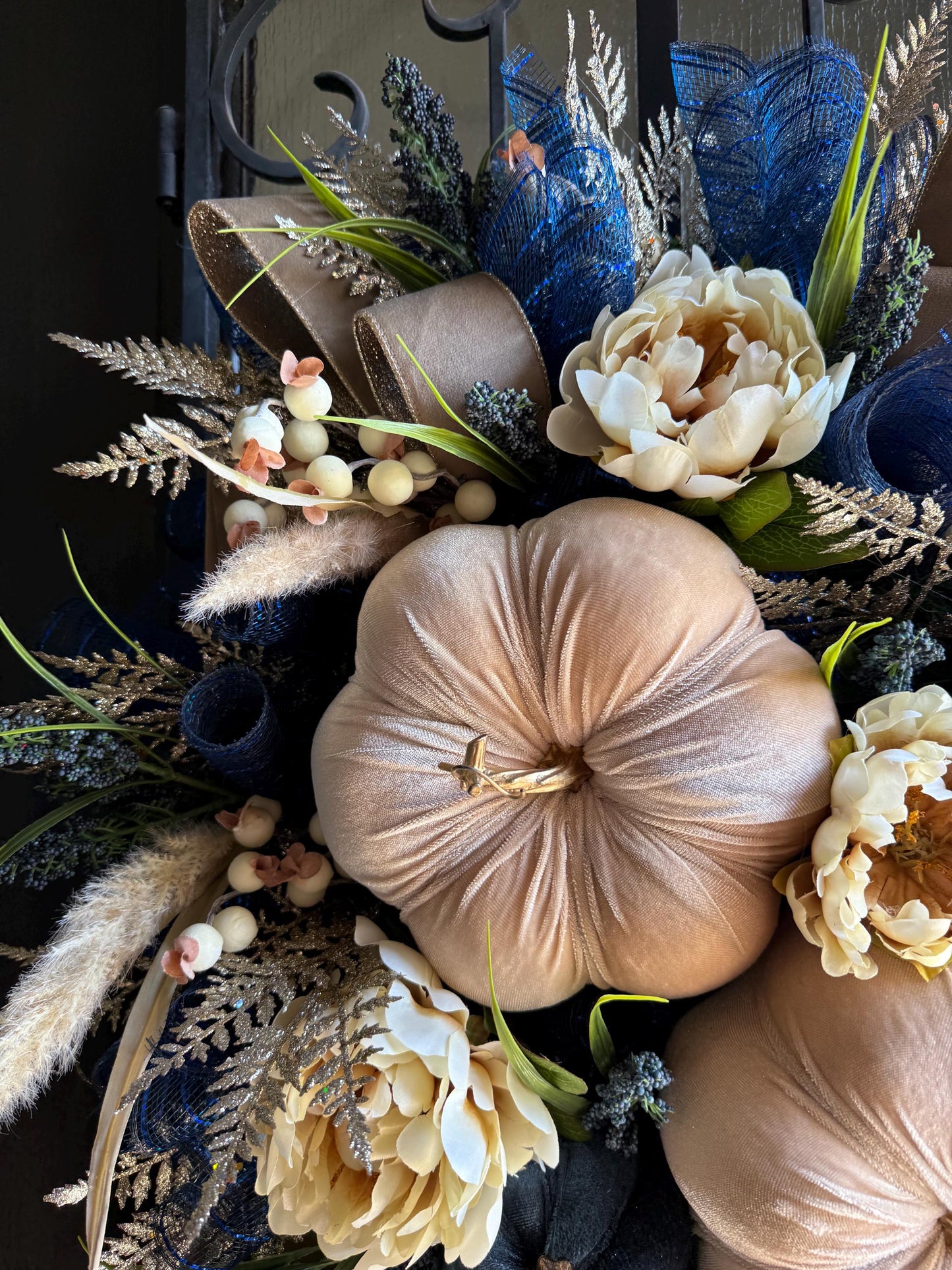 Handmade Velvet Pumpkin Fall Wreath, Thanksgiving Door Decor
