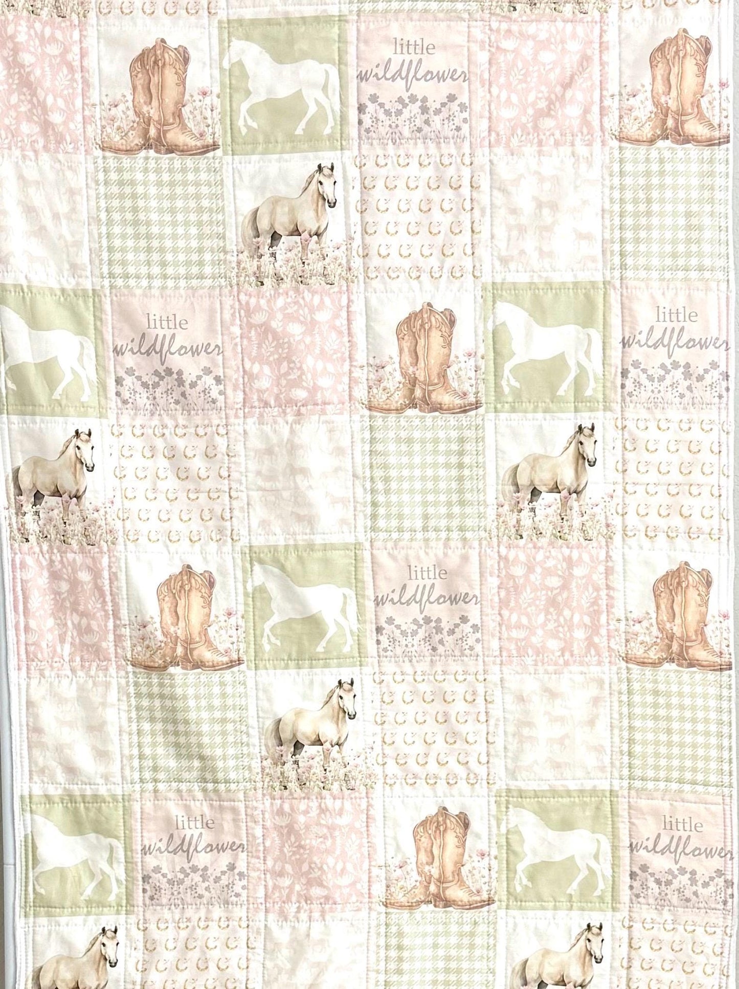 baby girl quilt, horse theme nursery, floral, horseshoes, western , handmade baby blanket, baby shower gift, nursery decor, crib bedding
