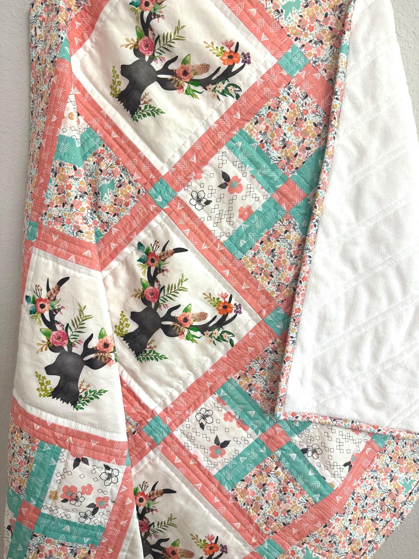 Woodlands Baby Quilt, Patchwork Pillow, Deer Theme Nursey