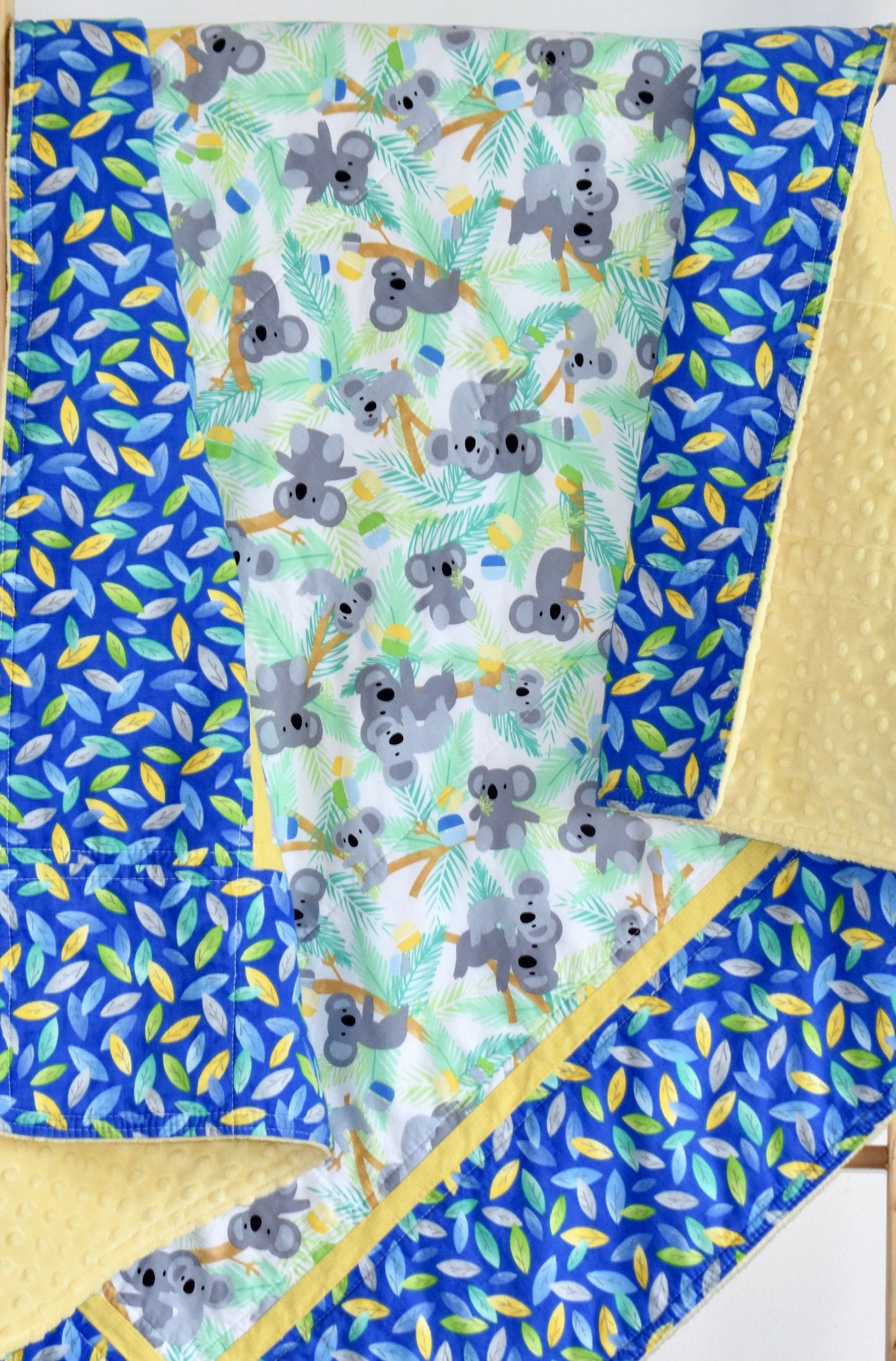 koala theme quilt, blue and yellow quilt, handmade baby blanket, baby shower gift, nursery decor, crib bedding, handmade quilt