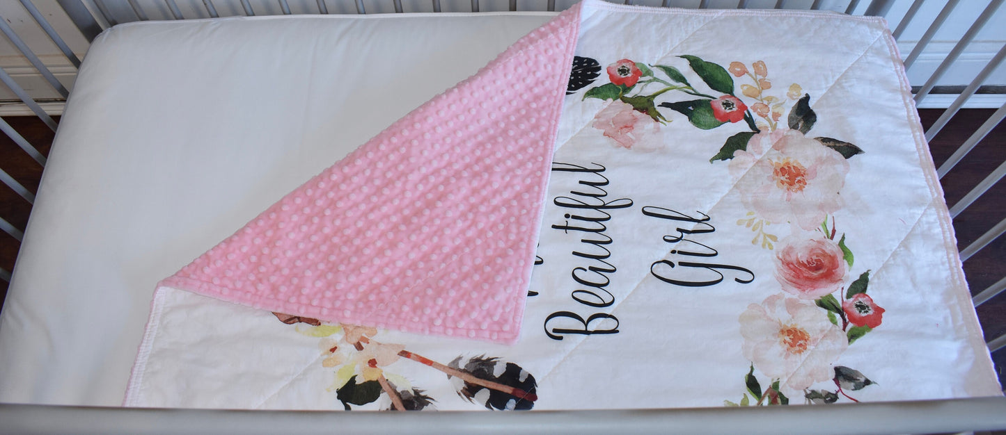 floral quilt, minky quilt, handmade baby blanket, baby shower gift, nursery decor, crib bedding, handmade quilt