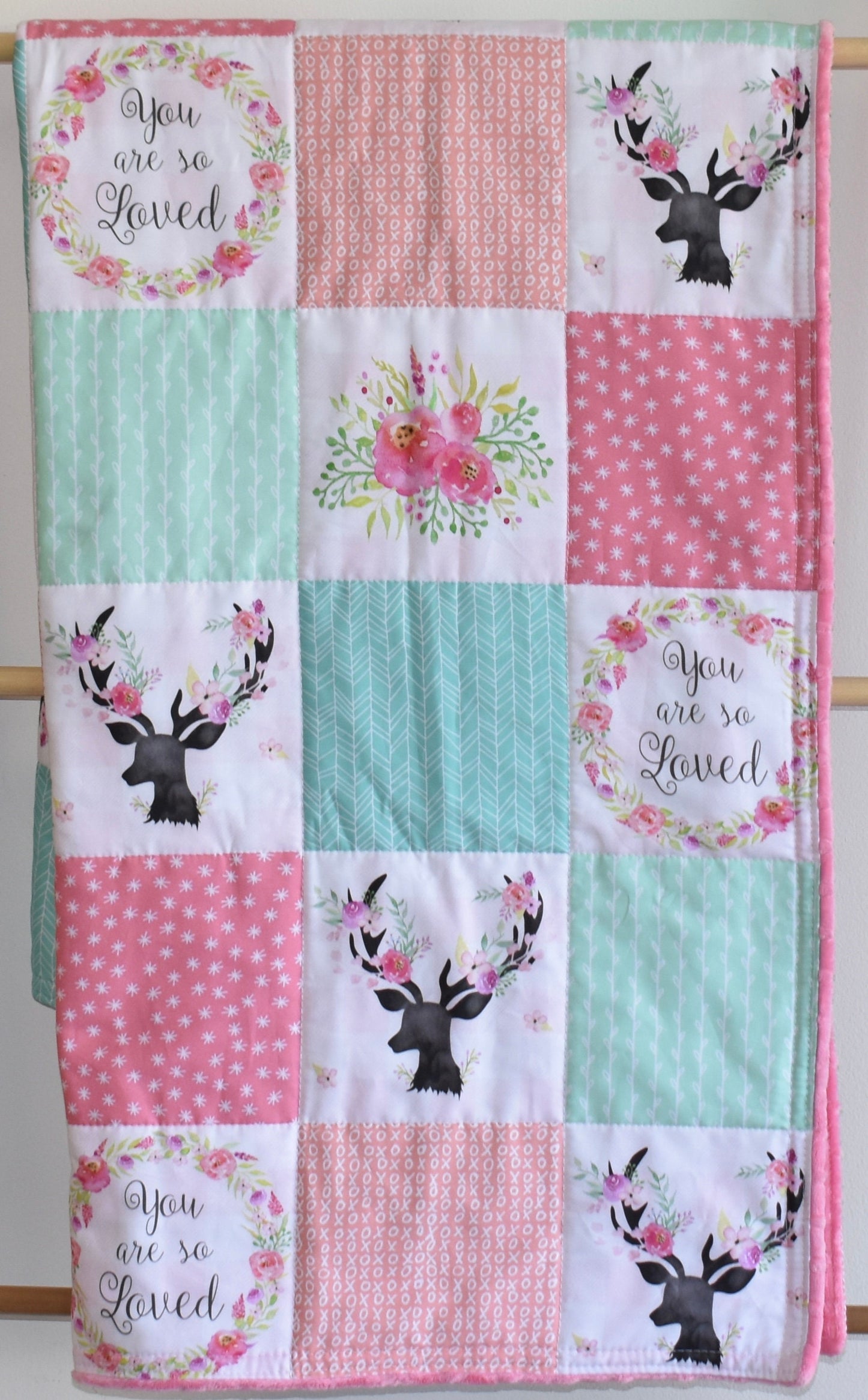 baby girl quilt, deer theme quilt, handmade baby blanket, baby shower gift, nursery decor, crib bedding, handmade quilt