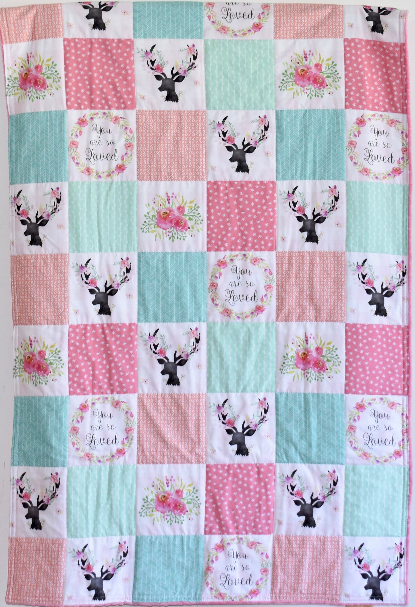 baby girl quilt, deer theme quilt, handmade baby blanket, baby shower gift, nursery decor, crib bedding, handmade quilt