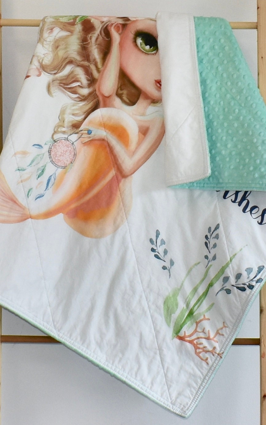 mermaid theme quilt, nautical quilt, handmade baby blanket, baby shower gift, nursery decor, crib bedding, handmade quilt
