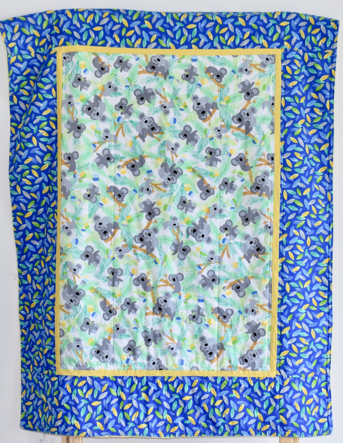 koala theme quilt, blue and yellow quilt, handmade baby blanket, baby shower gift, nursery decor, crib bedding, handmade quilt