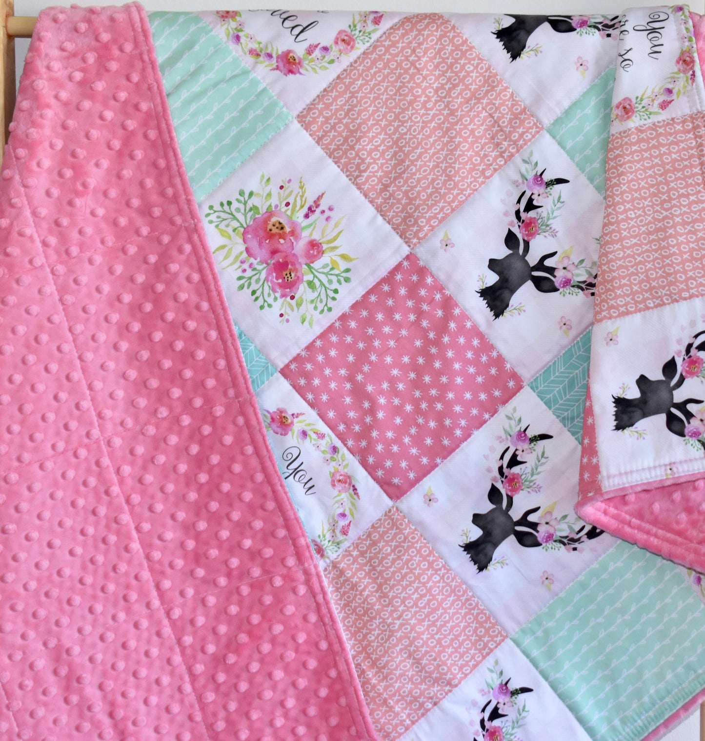 baby girl quilt, deer theme quilt, handmade baby blanket, baby shower gift, nursery decor, crib bedding, handmade quilt