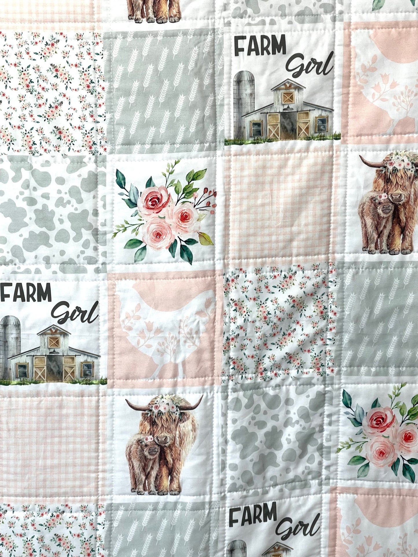 baby girl quilt, highland cow theme nursery, handmade baby blanket, baby shower gift, nursery decor, crib bedding, handmade quilt