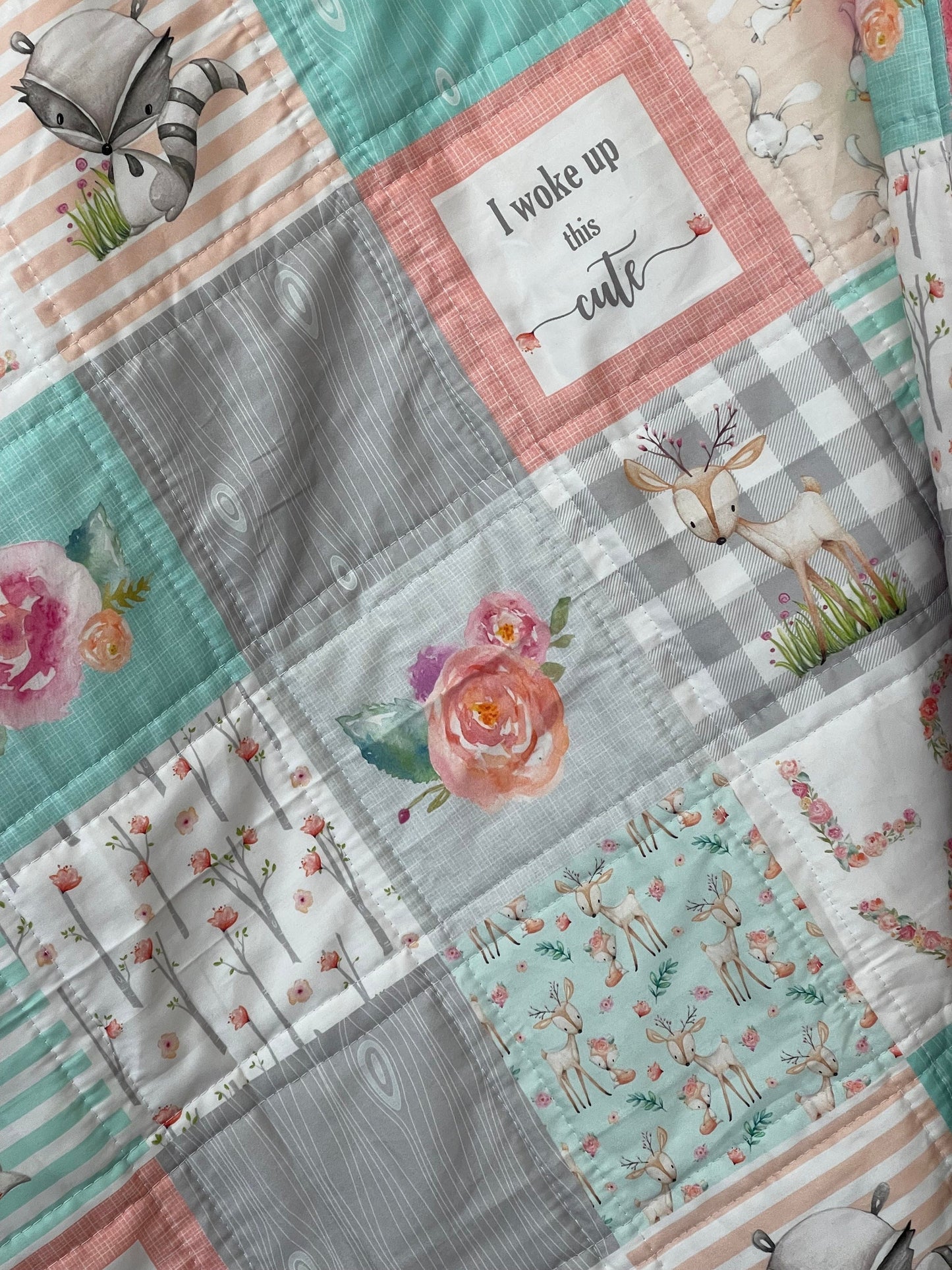 Woodlands Crib Bedding, Coral and Mint Nursery Decor, Handmade Baby Quilt