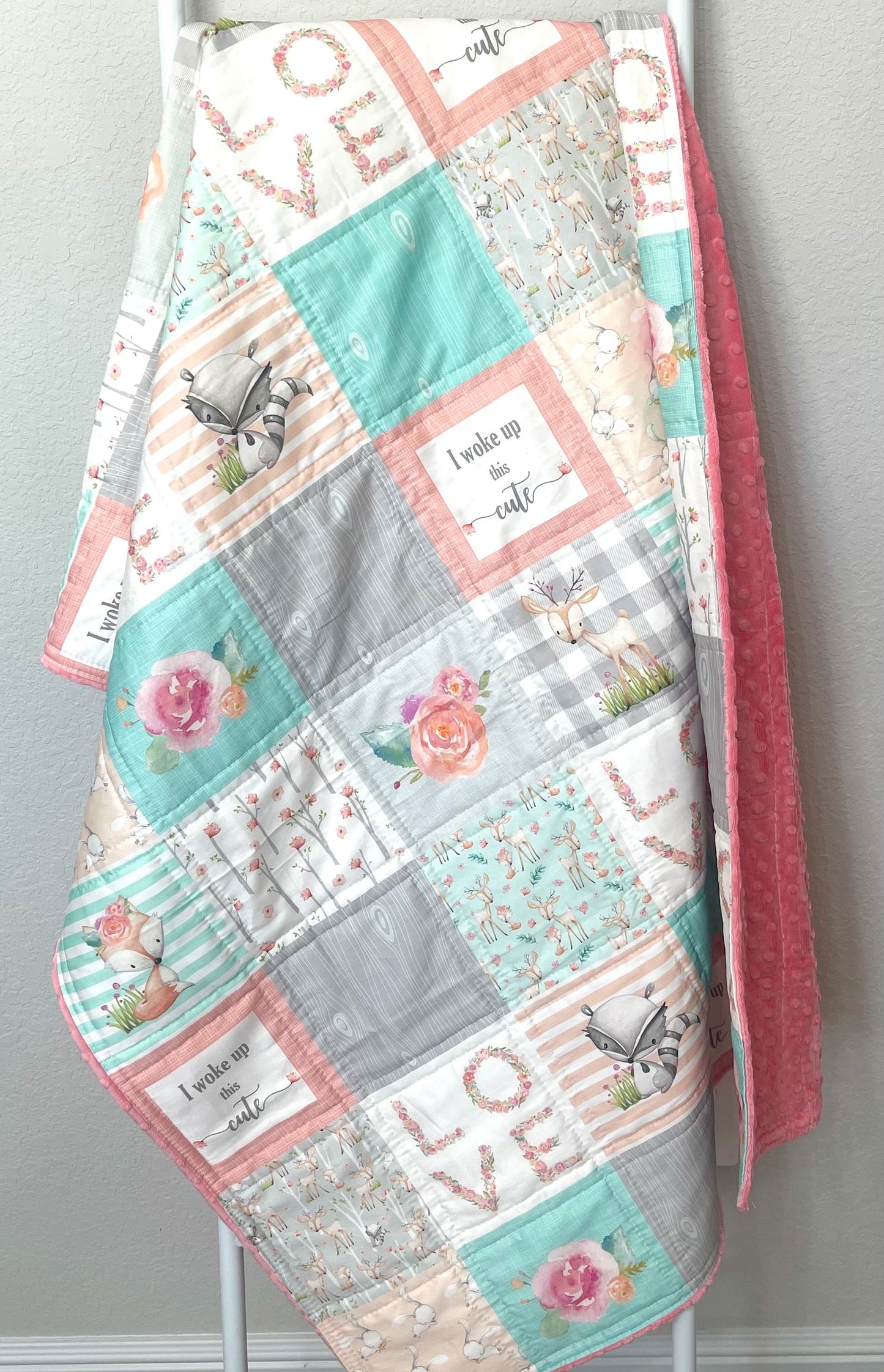 Woodlands Crib Bedding, Coral and Mint Nursery Decor, Handmade Baby Quilt