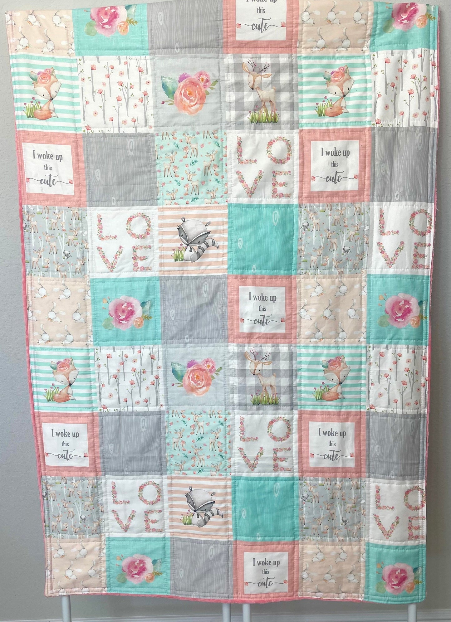 Woodlands Crib Bedding, Coral and Mint Nursery Decor, Handmade Baby Quilt