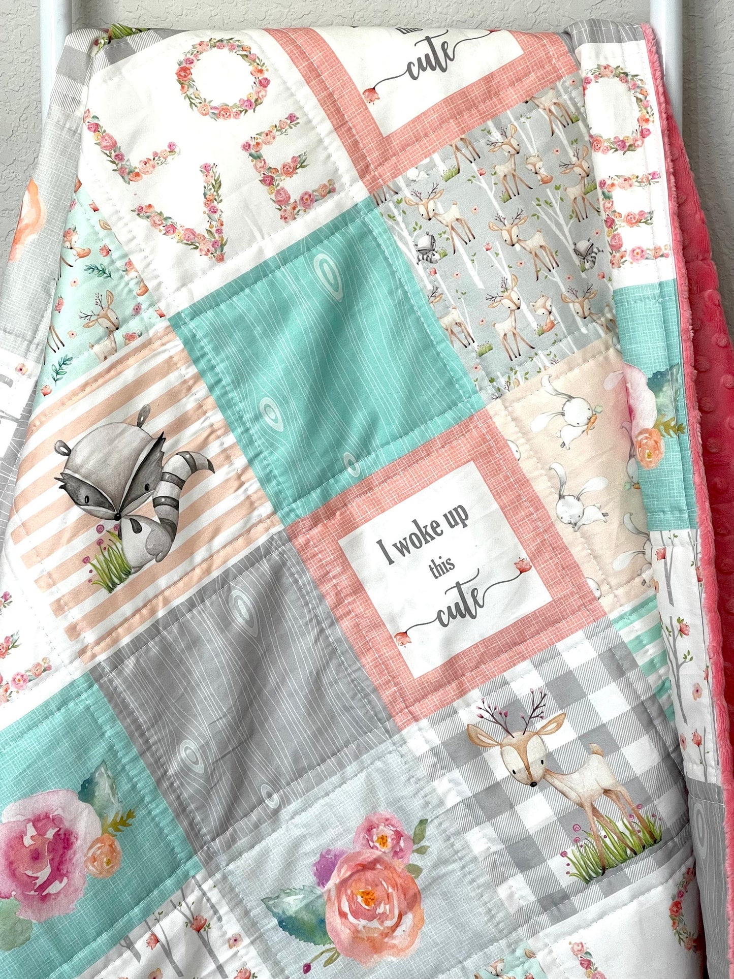 Woodlands Crib Bedding, Coral and Mint Nursery Decor, Handmade Baby Quilt