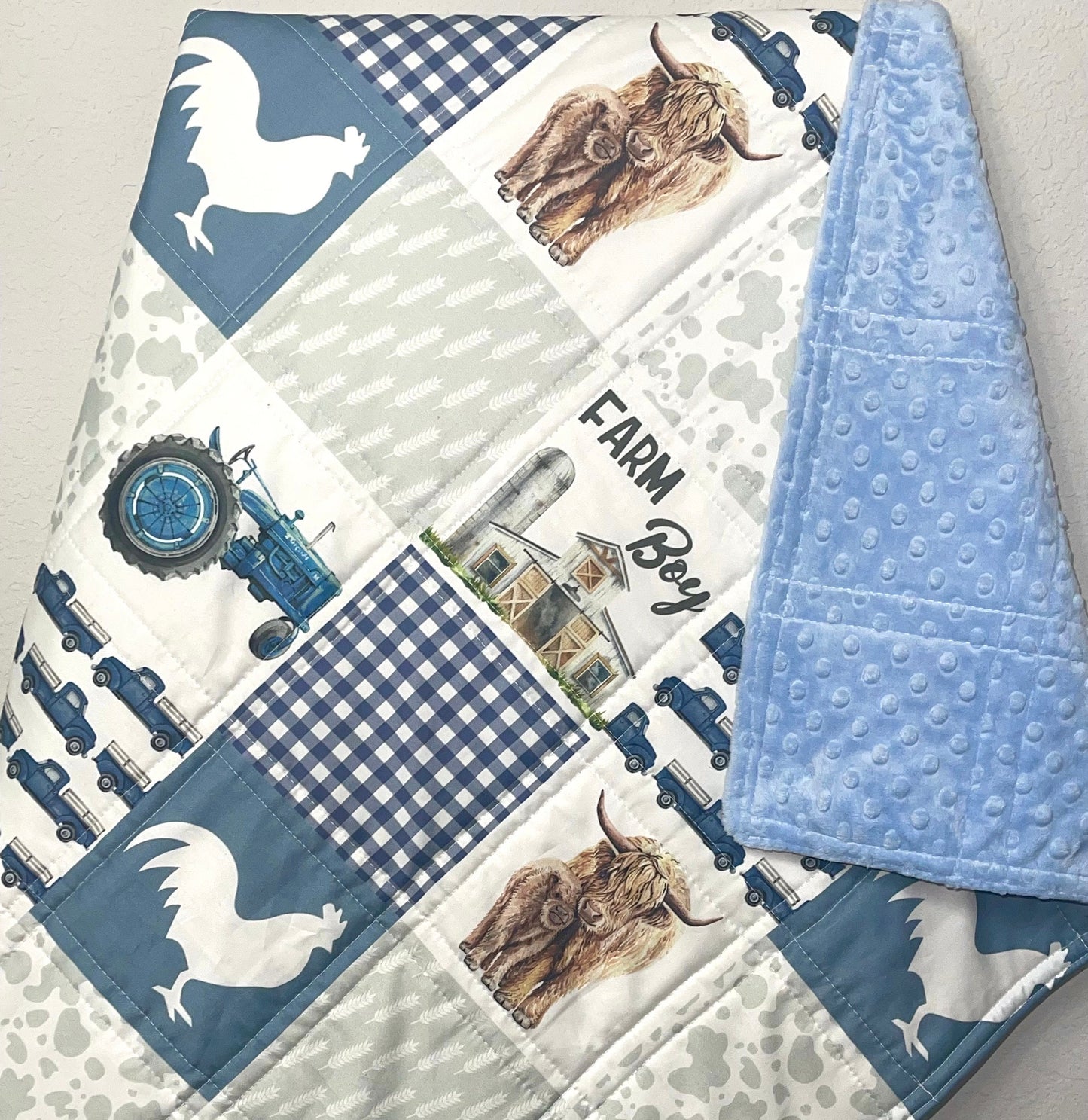 baby boy quilt, farm theme nursery, highland cow, handmade baby blanket, baby shower gift, nursery decor, crib bedding, handmade quilt