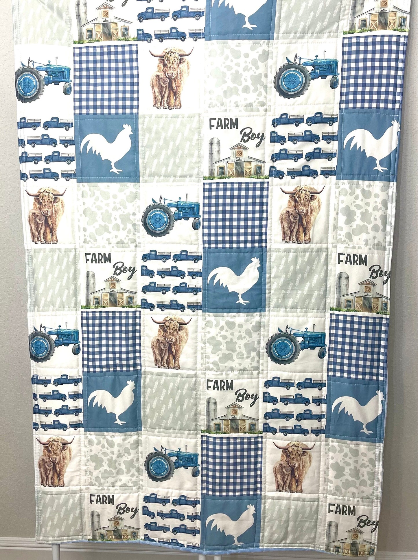 baby boy quilt, farm theme nursery, highland cow, handmade baby blanket, baby shower gift, nursery decor, crib bedding, handmade quilt