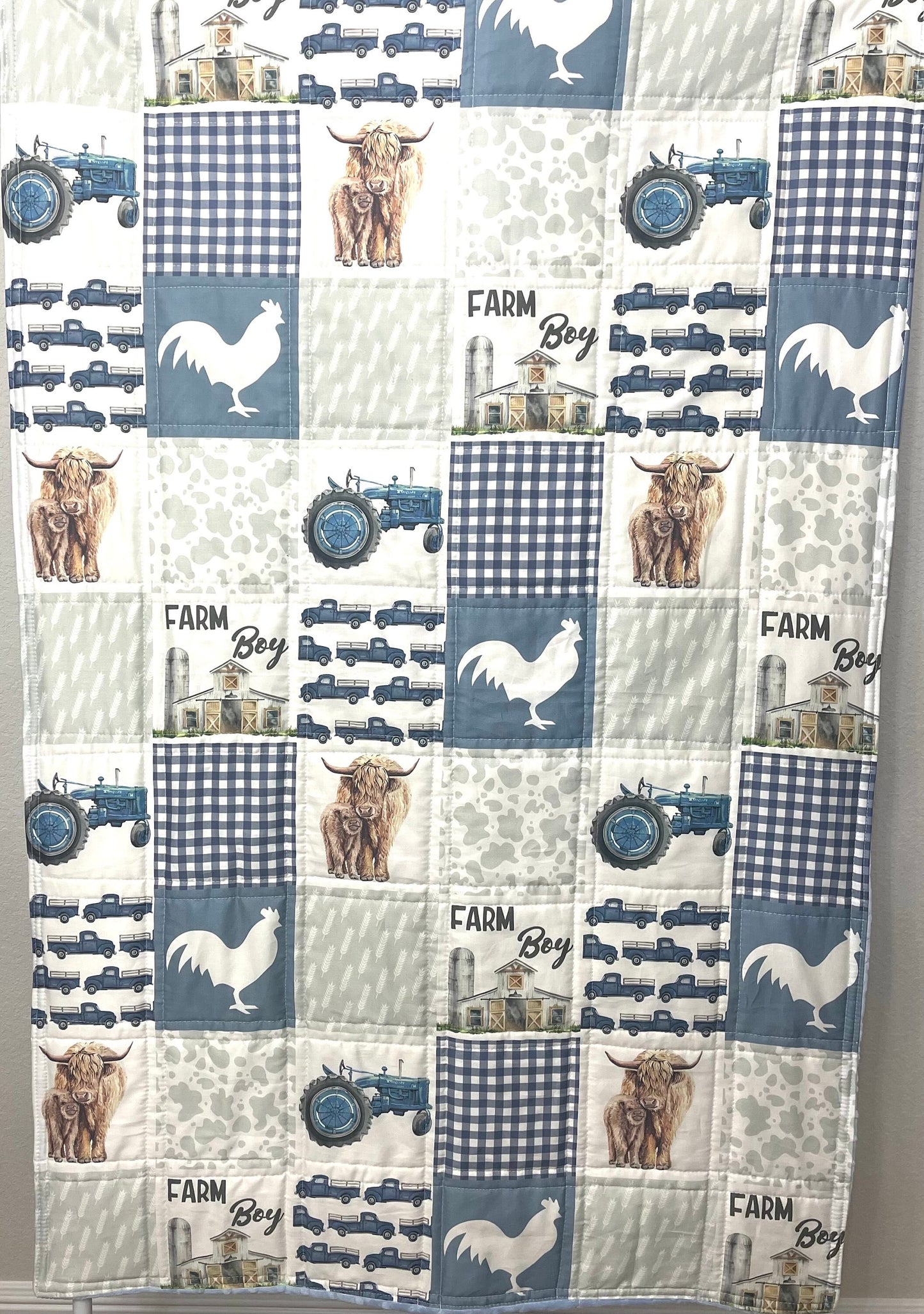 baby boy quilt, farm theme nursery, highland cow, handmade baby blanket, baby shower gift, nursery decor, crib bedding, handmade quilt