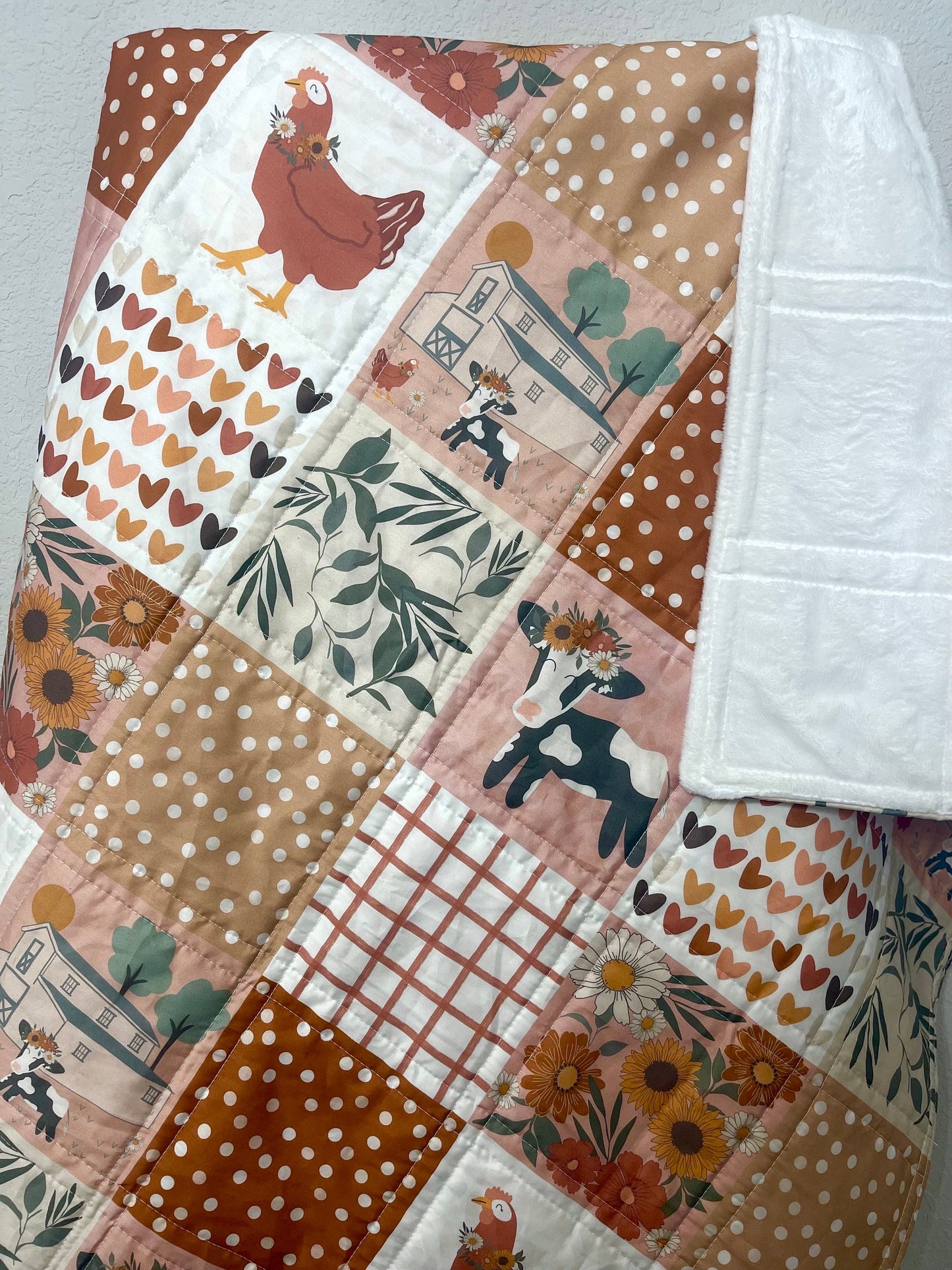 baby girl quilt, farm theme nursery, cow , barn, floral,  handmade baby blanket, baby shower gift, nursery decor, crib bedding