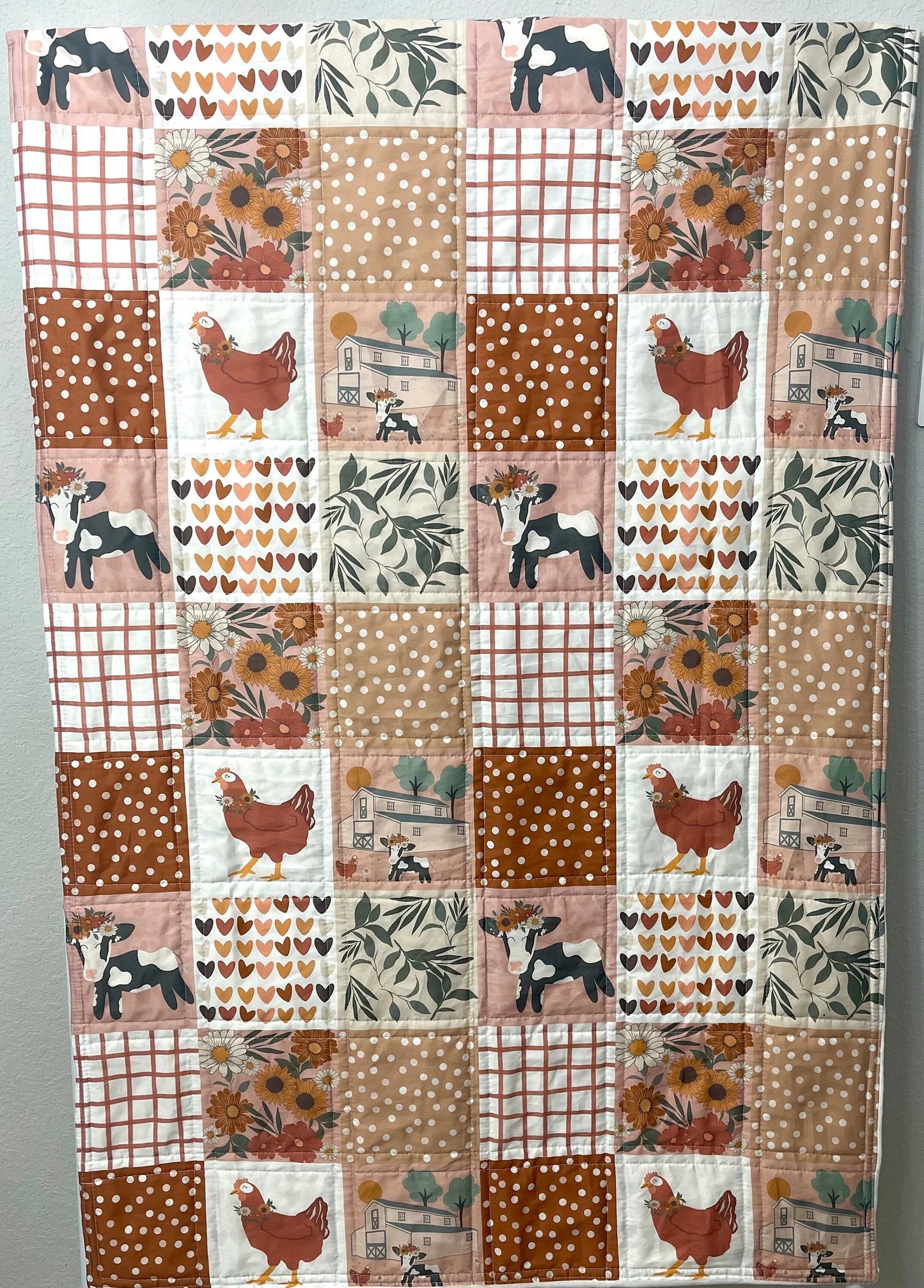 baby girl quilt, farm theme nursery, cow , barn, floral,  handmade baby blanket, baby shower gift, nursery decor, crib bedding