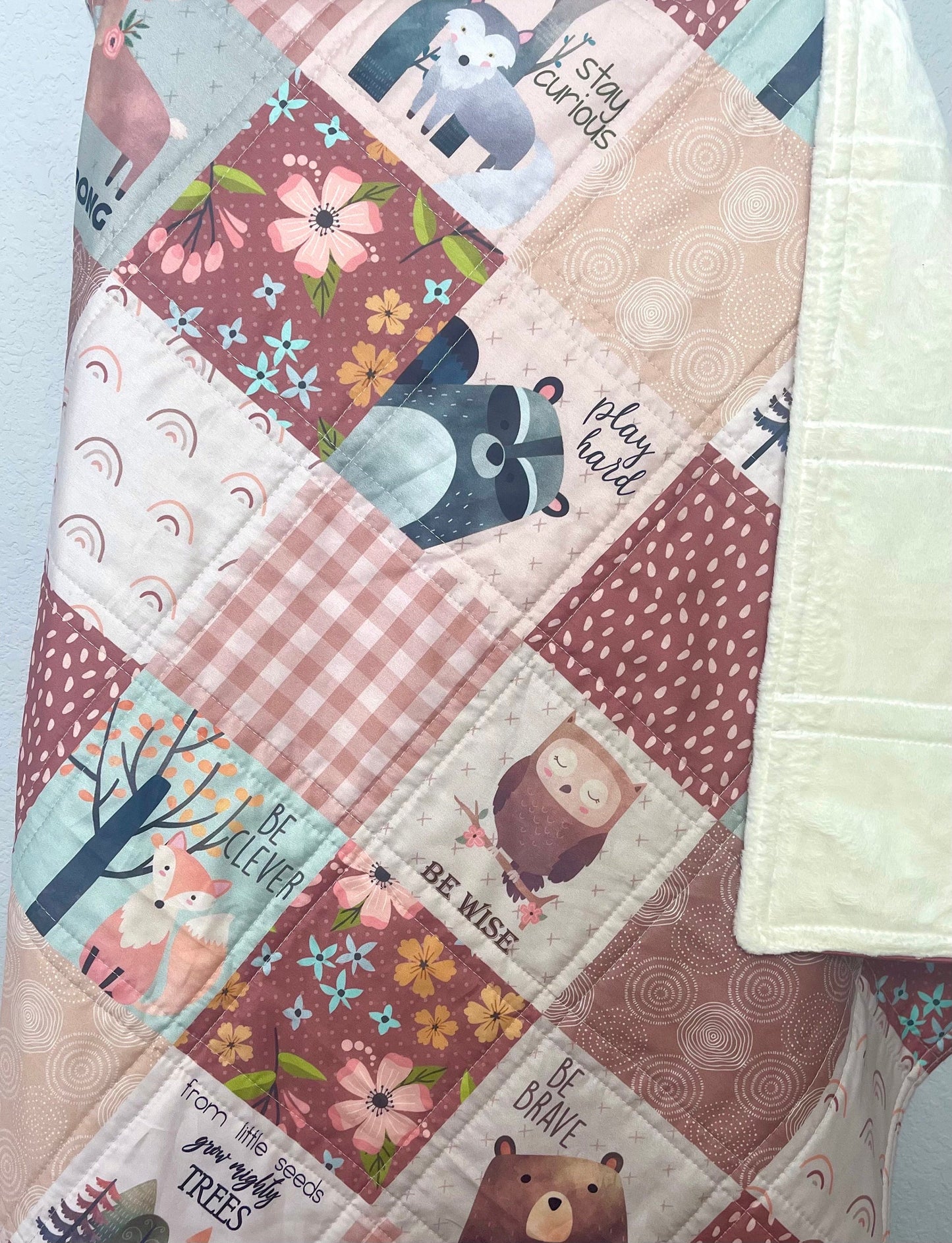 baby girl quilt, woodland quilt, woodland nursery,  handmade baby blanket, baby shower gift, nursery decor, crib bedding, handmade quilt