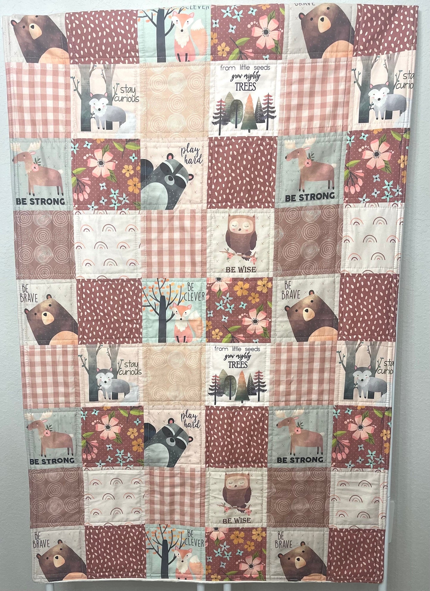 baby girl quilt, woodland quilt, woodland nursery,  handmade baby blanket, baby shower gift, nursery decor, crib bedding, handmade quilt