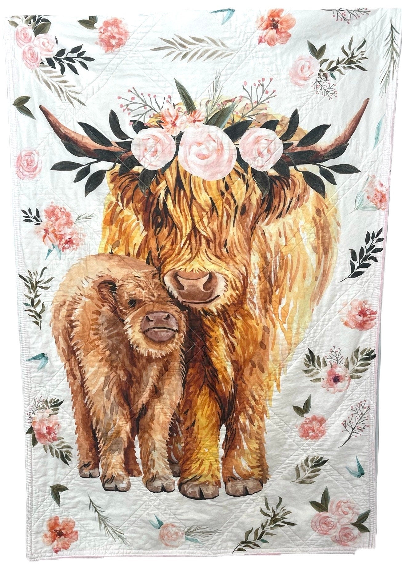 baby girl quilt, highland cow theme nursery, farm handmade baby blanket, baby shower gift, nursery decor, crib bedding, handmade quilt