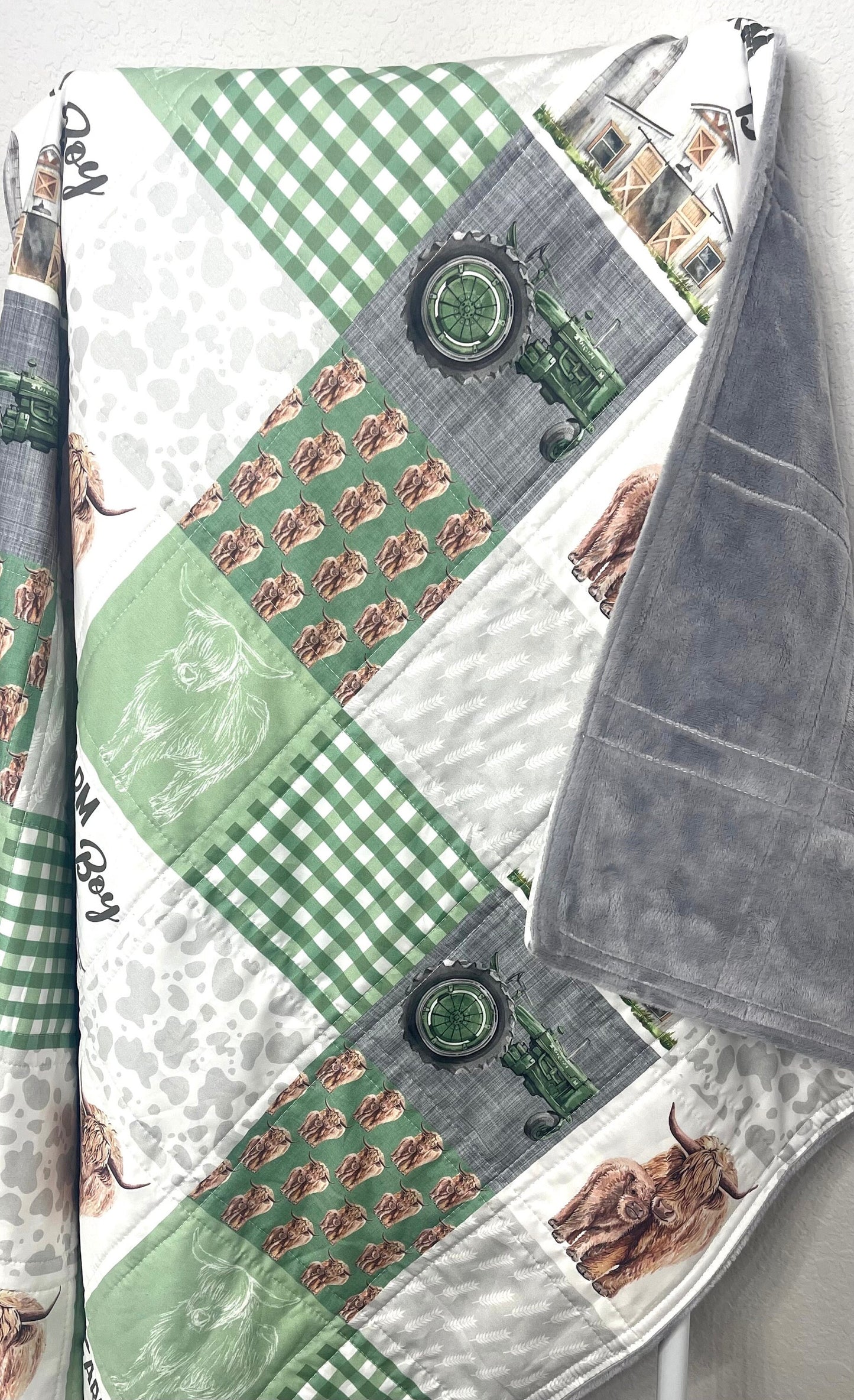 baby boy quilt, farm theme nursery, highland cow,  handmade baby blanket, baby shower gift, nursery decor, crib bedding
