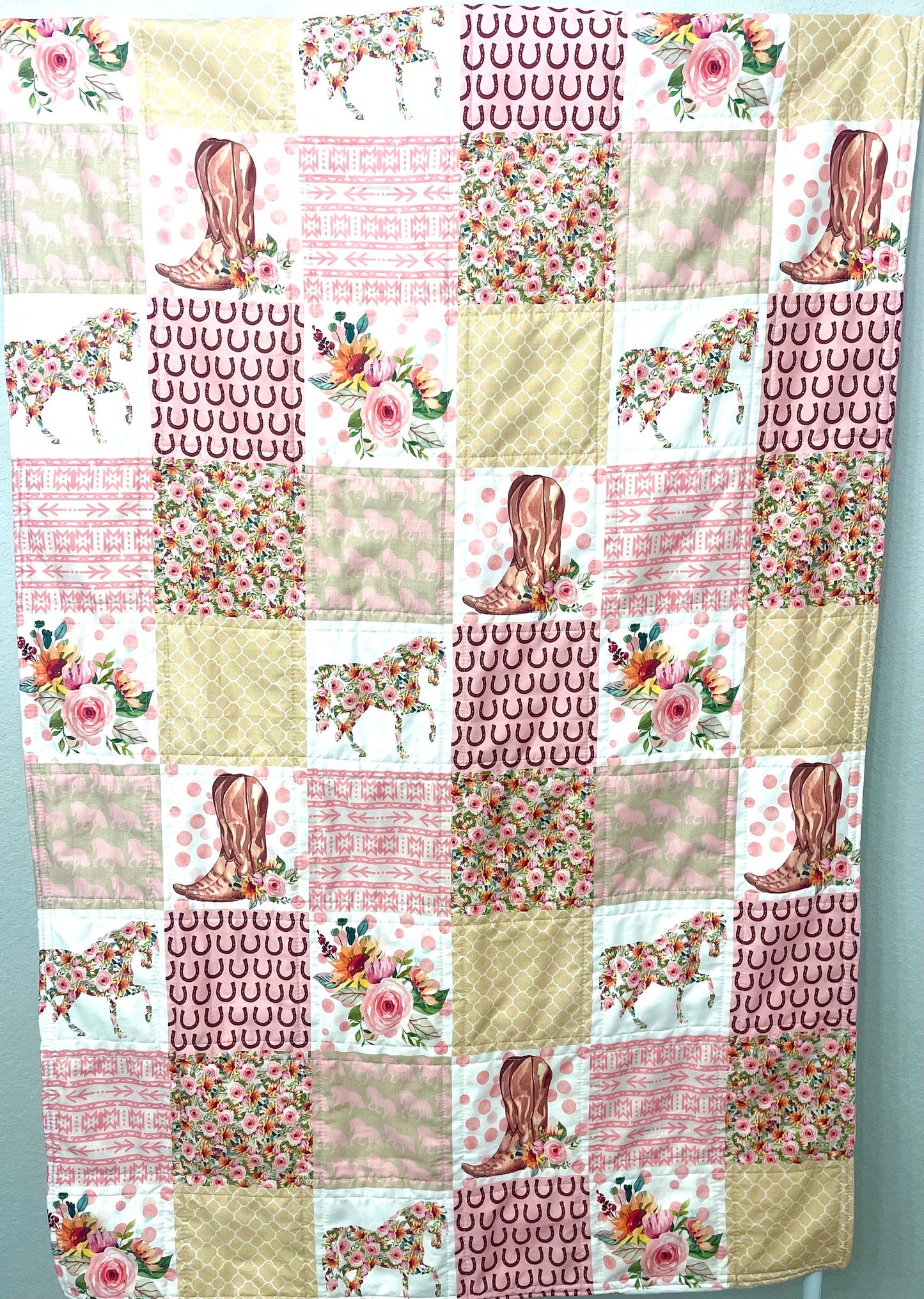 baby girl quilt, horse theme nursery, floral, horseshoes, western , handmade baby blanket, baby shower gift, nursery decor, crib bedding