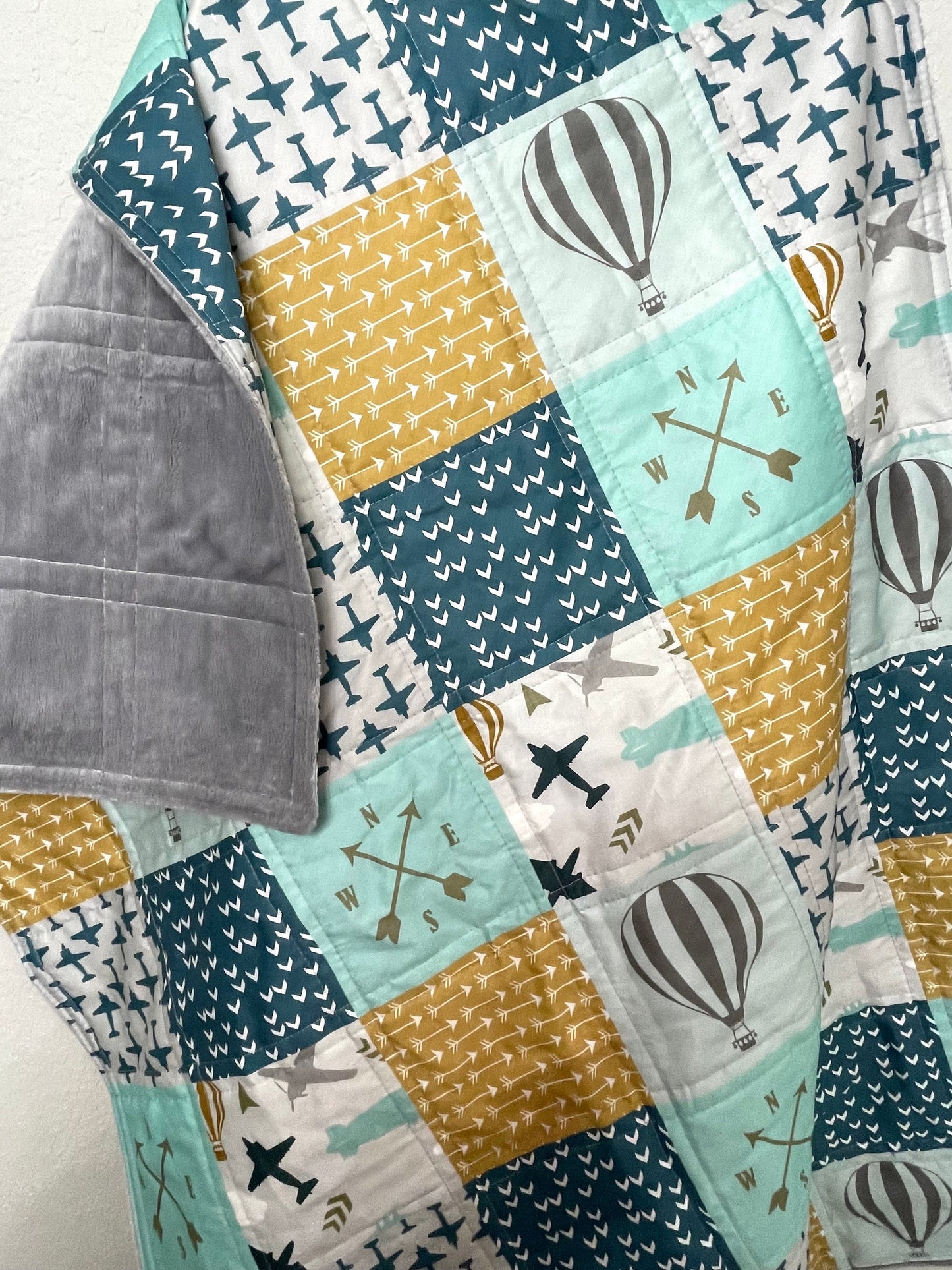 baby boy quilt, air planes and hot air baloon quilt, woodland nursery,  handmade baby blanket, baby shower gift, nursery decor, crib bedding