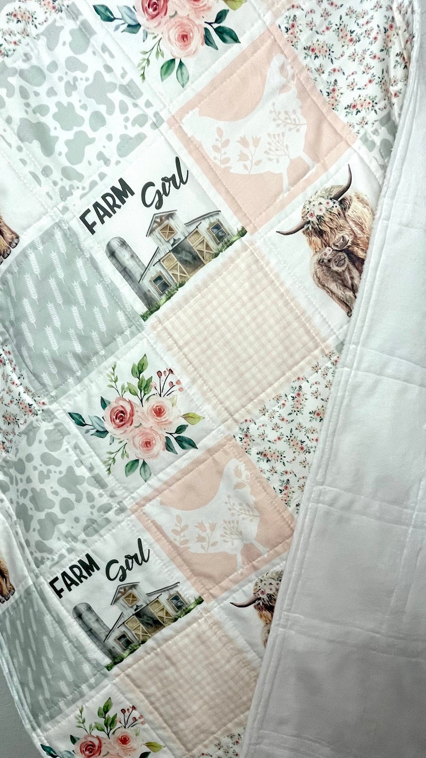 baby girl quilt, highland cow theme nursery, handmade baby blanket, baby shower gift, nursery decor, crib bedding, handmade quilt