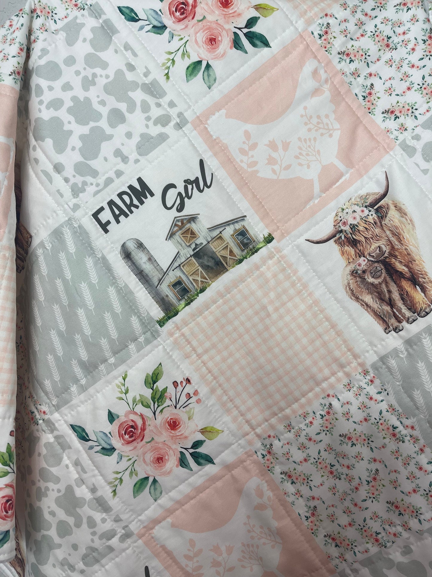 baby girl quilt, highland cow theme nursery, handmade baby blanket, baby shower gift, nursery decor, crib bedding, handmade quilt
