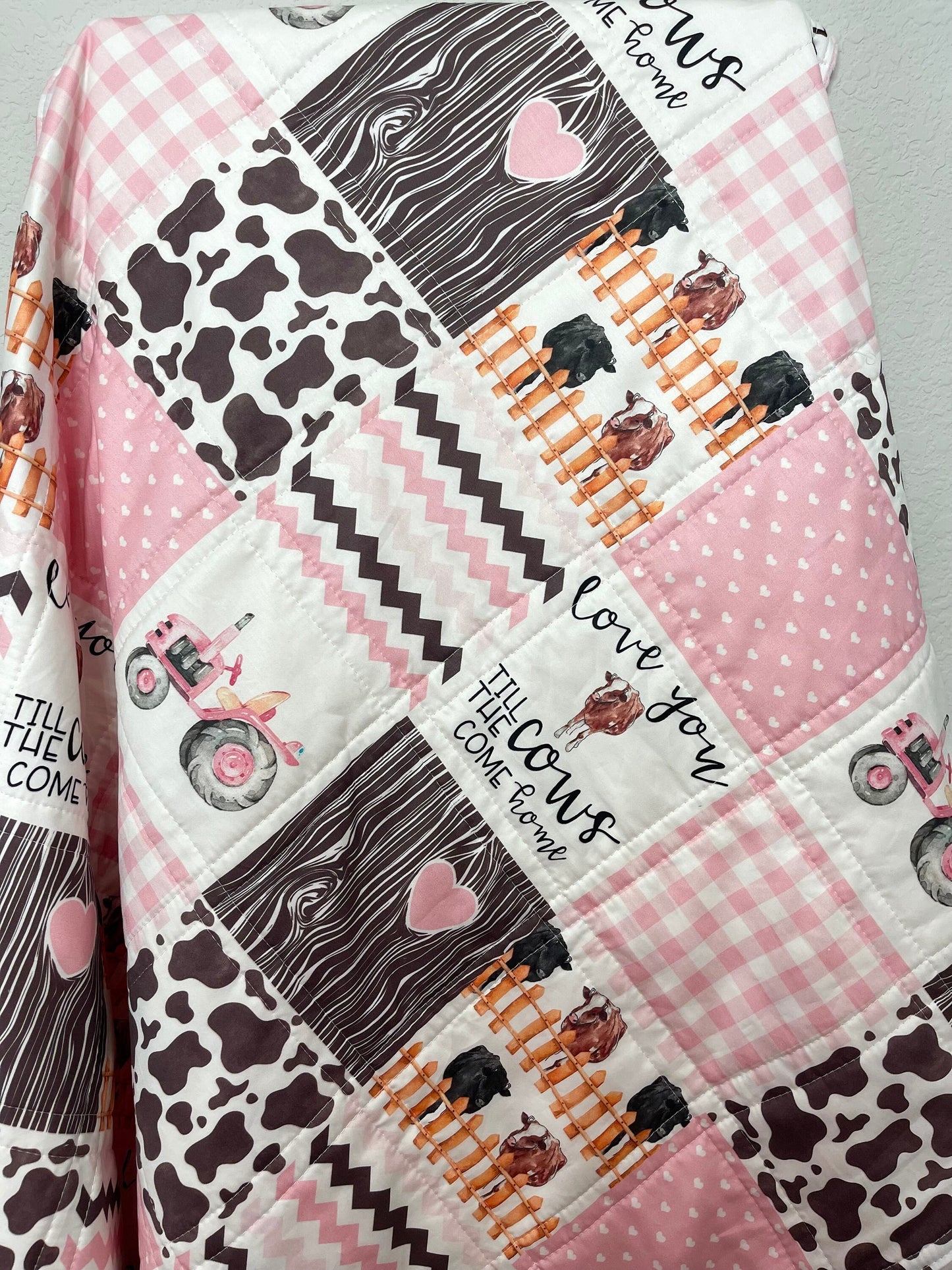 baby girl quilt, brown and pink, farm quilt,handmade baby blanket, baby shower gift, nursery decor, crib bedding, handmade quilt