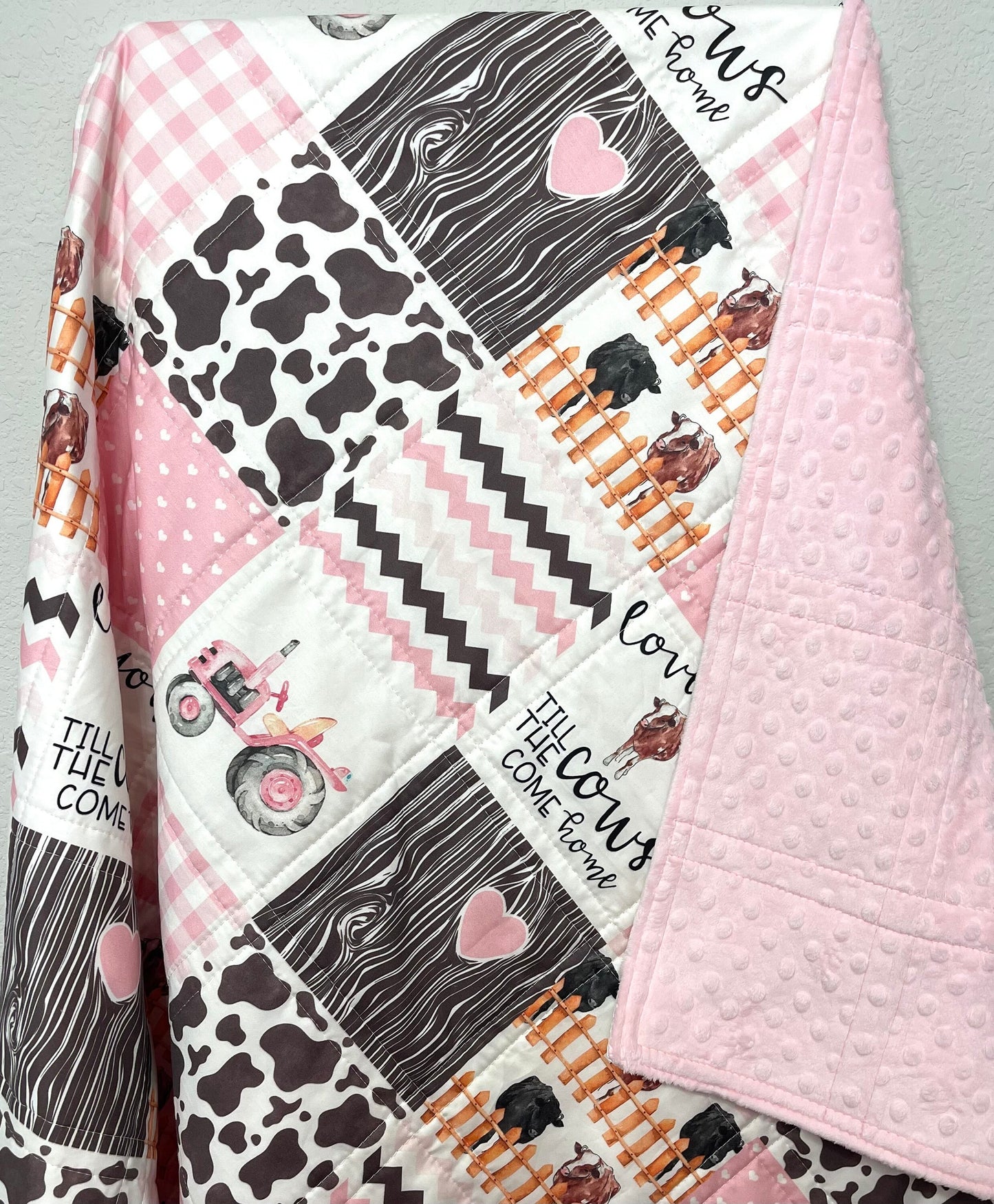 baby girl quilt, brown and pink, farm quilt,handmade baby blanket, baby shower gift, nursery decor, crib bedding, handmade quilt