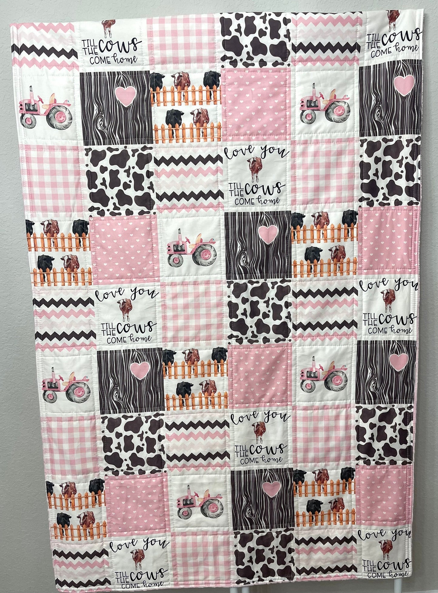 baby girl quilt, brown and pink, farm quilt,handmade baby blanket, baby shower gift, nursery decor, crib bedding, handmade quilt