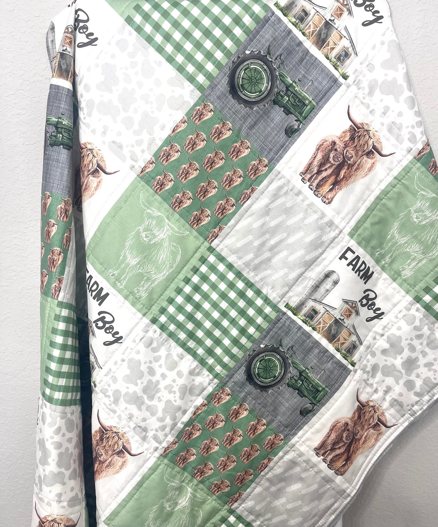 baby boy quilt, farm theme nursery, highland cow,  handmade baby blanket, baby shower gift, nursery decor, crib bedding