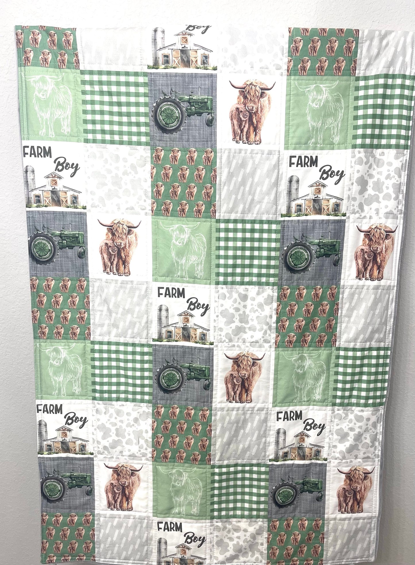 baby boy quilt, farm theme nursery, highland cow,  handmade baby blanket, baby shower gift, nursery decor, crib bedding
