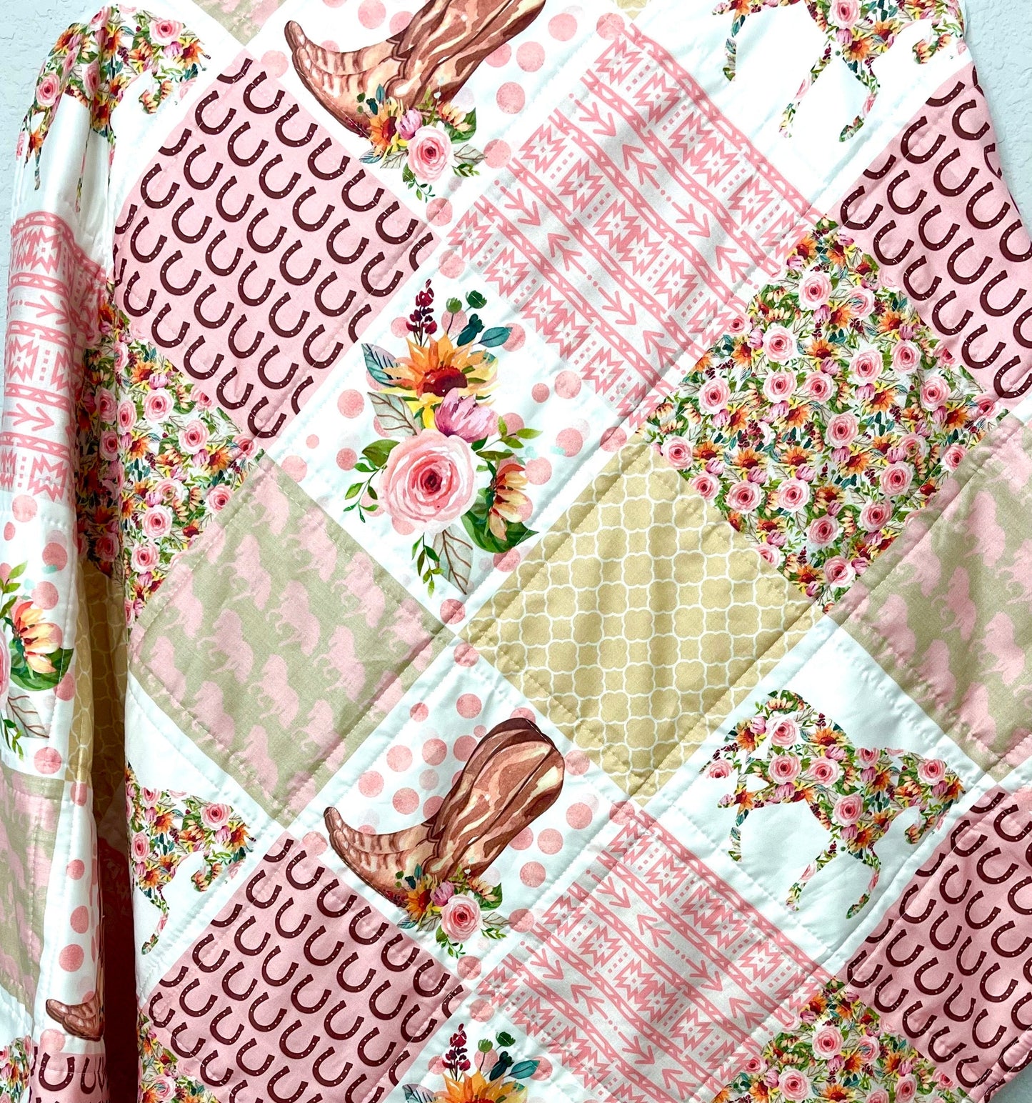 baby girl quilt, horse theme nursery, floral, horseshoes, western , handmade baby blanket, baby shower gift, nursery decor, crib bedding