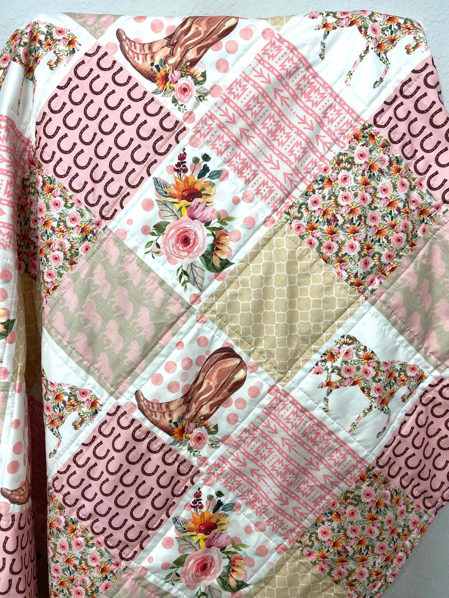 baby girl quilt, horse theme nursery, floral, horseshoes, western , handmade baby blanket, baby shower gift, nursery decor, crib bedding