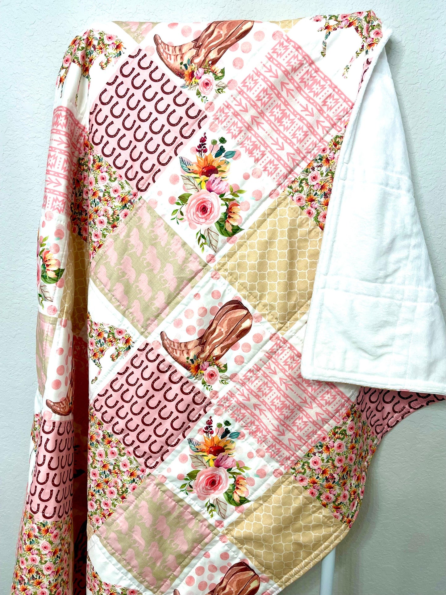 baby girl quilt, horse theme nursery, floral, horseshoes, western , handmade baby blanket, baby shower gift, nursery decor, crib bedding