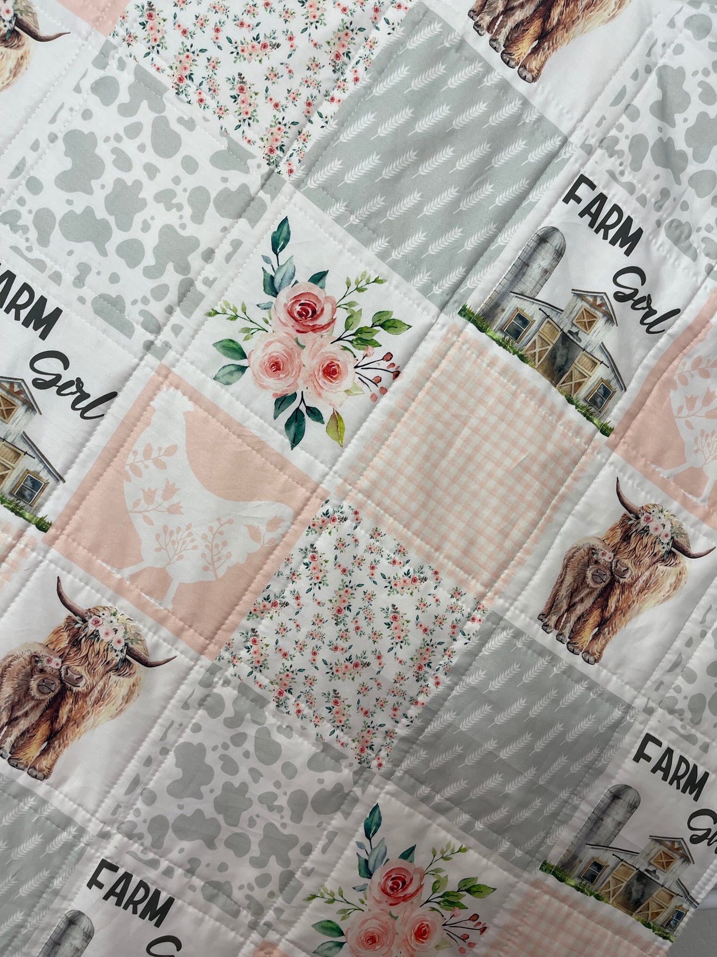 baby girl quilt, highland cow theme nursery, handmade baby blanket, baby shower gift, nursery decor, crib bedding, handmade quilt