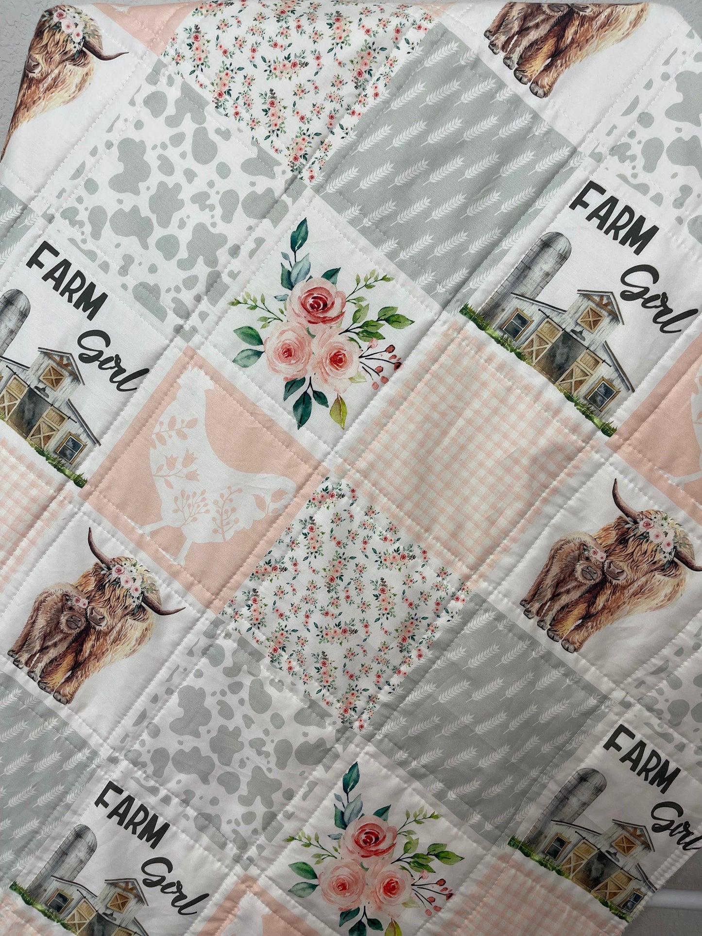 baby girl quilt, highland cow theme nursery, handmade baby blanket, baby shower gift, nursery decor, crib bedding, handmade quilt