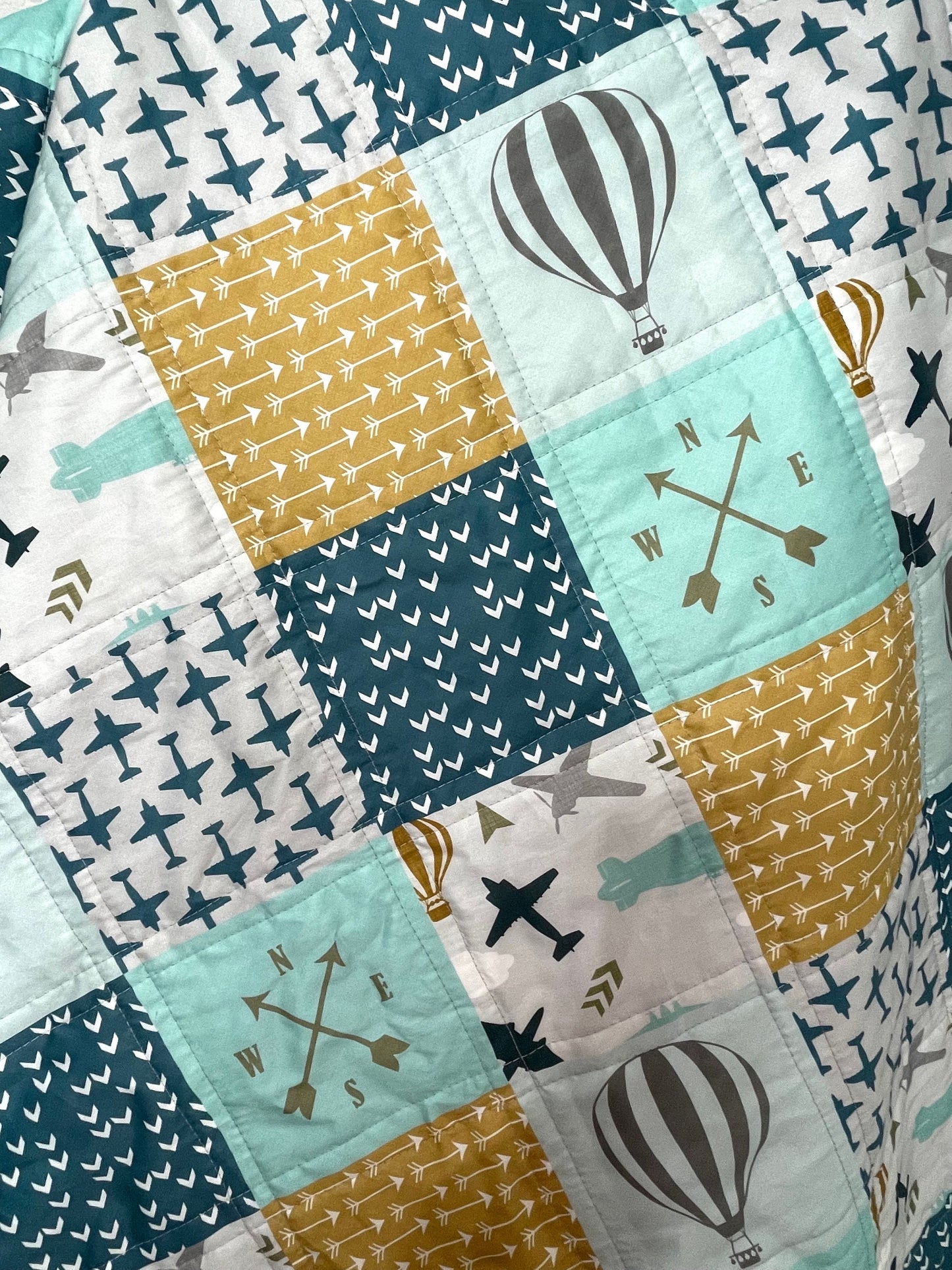 baby boy quilt, air planes and hot air baloon quilt, woodland nursery,  handmade baby blanket, baby shower gift, nursery decor, crib bedding