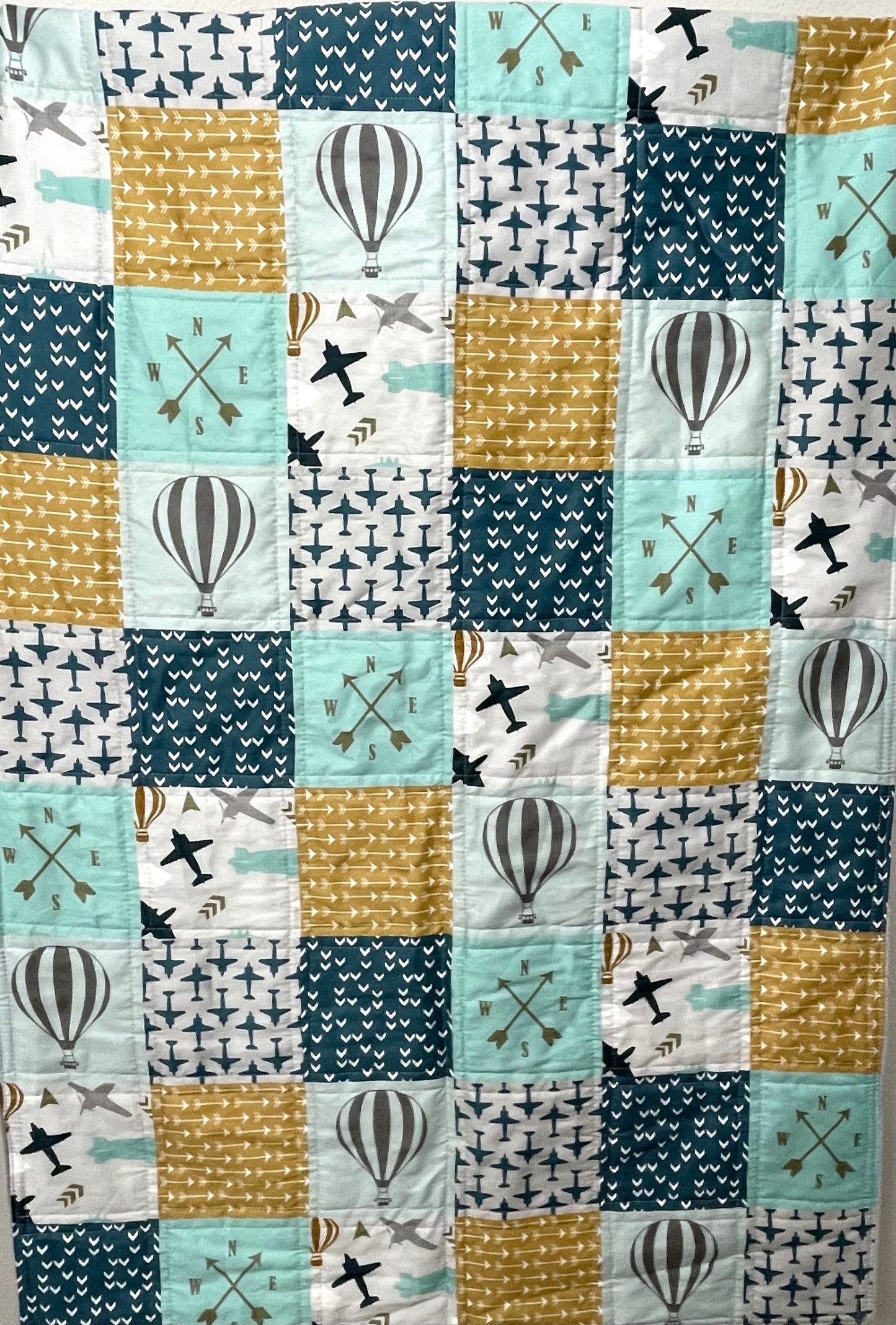 baby boy quilt, air planes and hot air baloon quilt, woodland nursery,  handmade baby blanket, baby shower gift, nursery decor, crib bedding