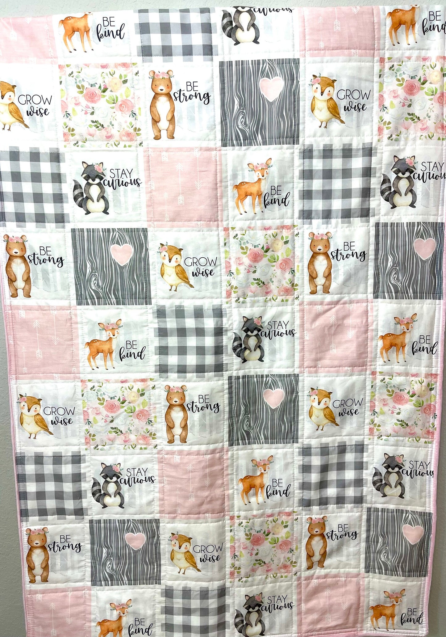 baby girl quilt, woodland quilt, woodland nursery,  handmade baby blanket, baby shower gift, nursery decor, crib bedding, handmade quilt