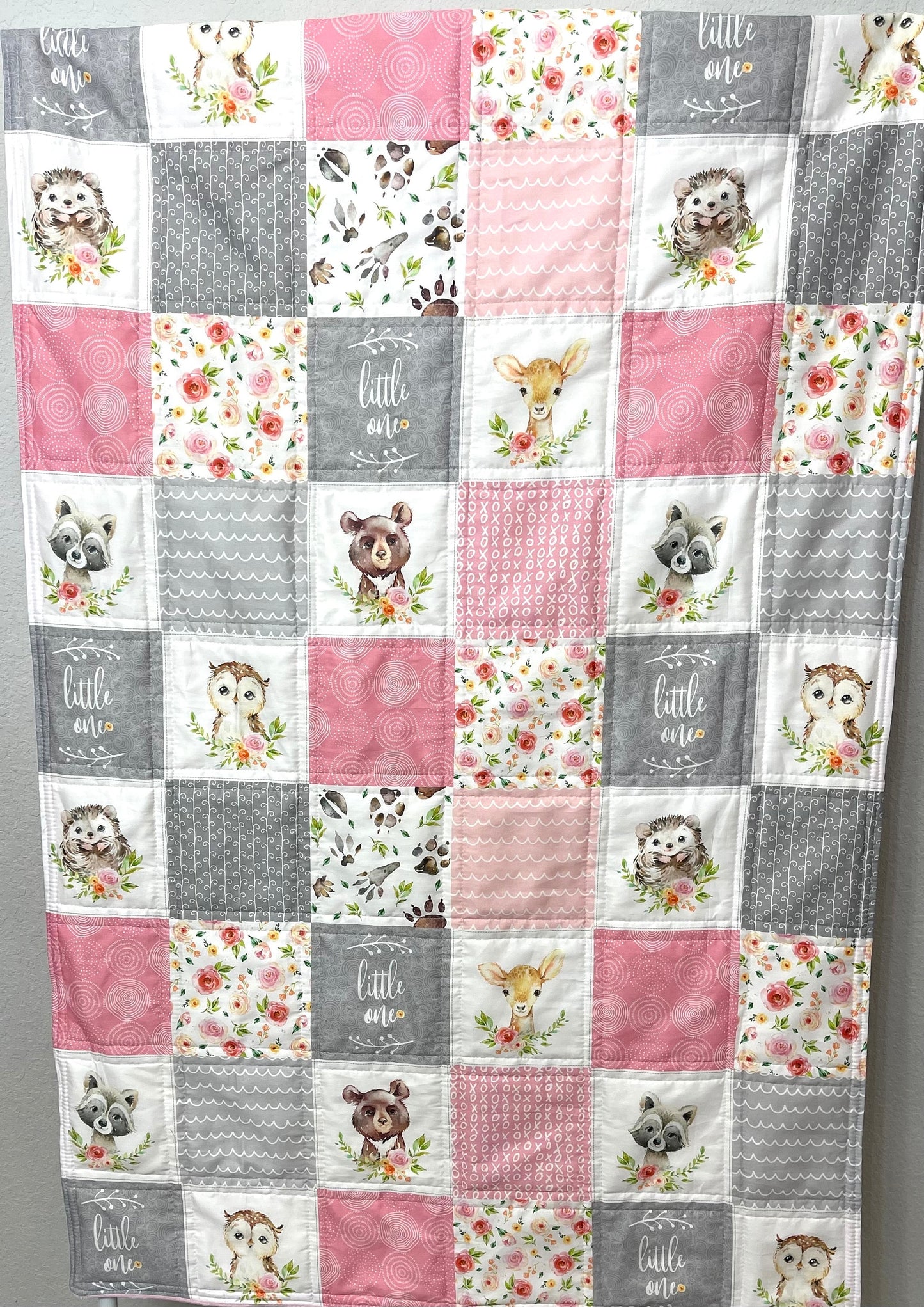 baby girl quilt, woodland quilt, woodland nursery,  handmade baby blanket, baby shower gift, nursery decor, crib bedding, handmade quilt