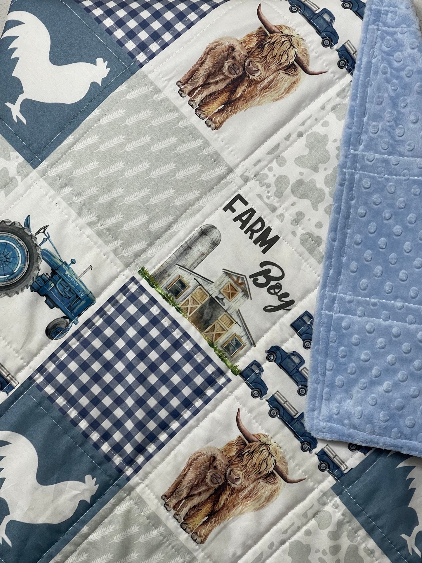 baby boy quilt, farm theme nursery, highland cow, handmade baby blanket, baby shower gift, nursery decor, crib bedding, handmade quilt