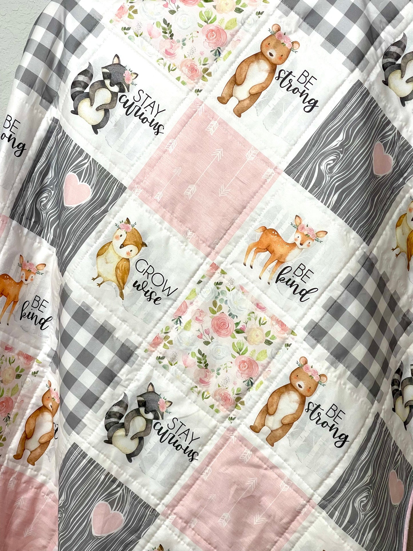 baby girl quilt, woodland quilt, woodland nursery,  handmade baby blanket, baby shower gift, nursery decor, crib bedding, handmade quilt