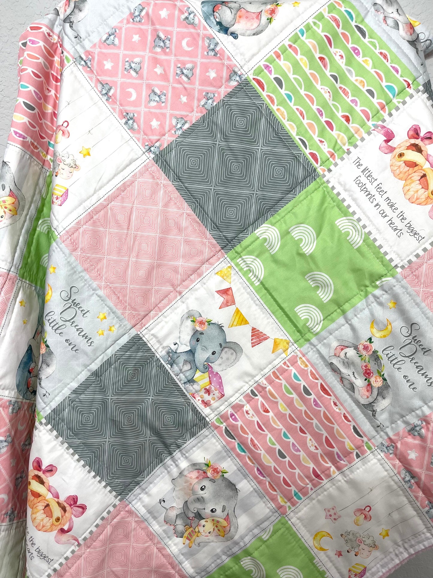 baby girl quilt, elephant   theme nursery, handmade baby blanket, baby shower gift, nursery decor, crib bedding, handmade quilt