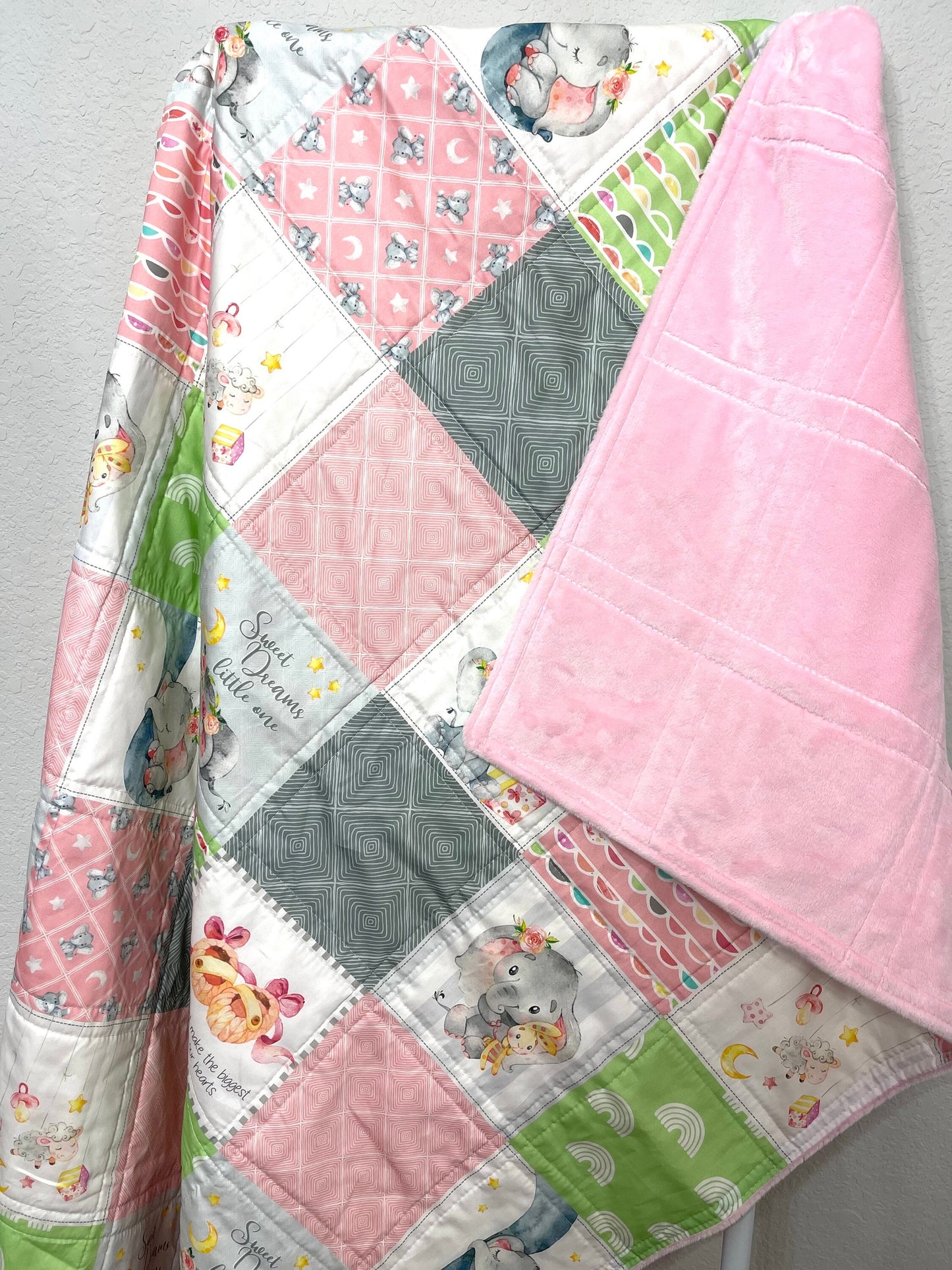 baby girl quilt, elephant   theme nursery, handmade baby blanket, baby shower gift, nursery decor, crib bedding, handmade quilt