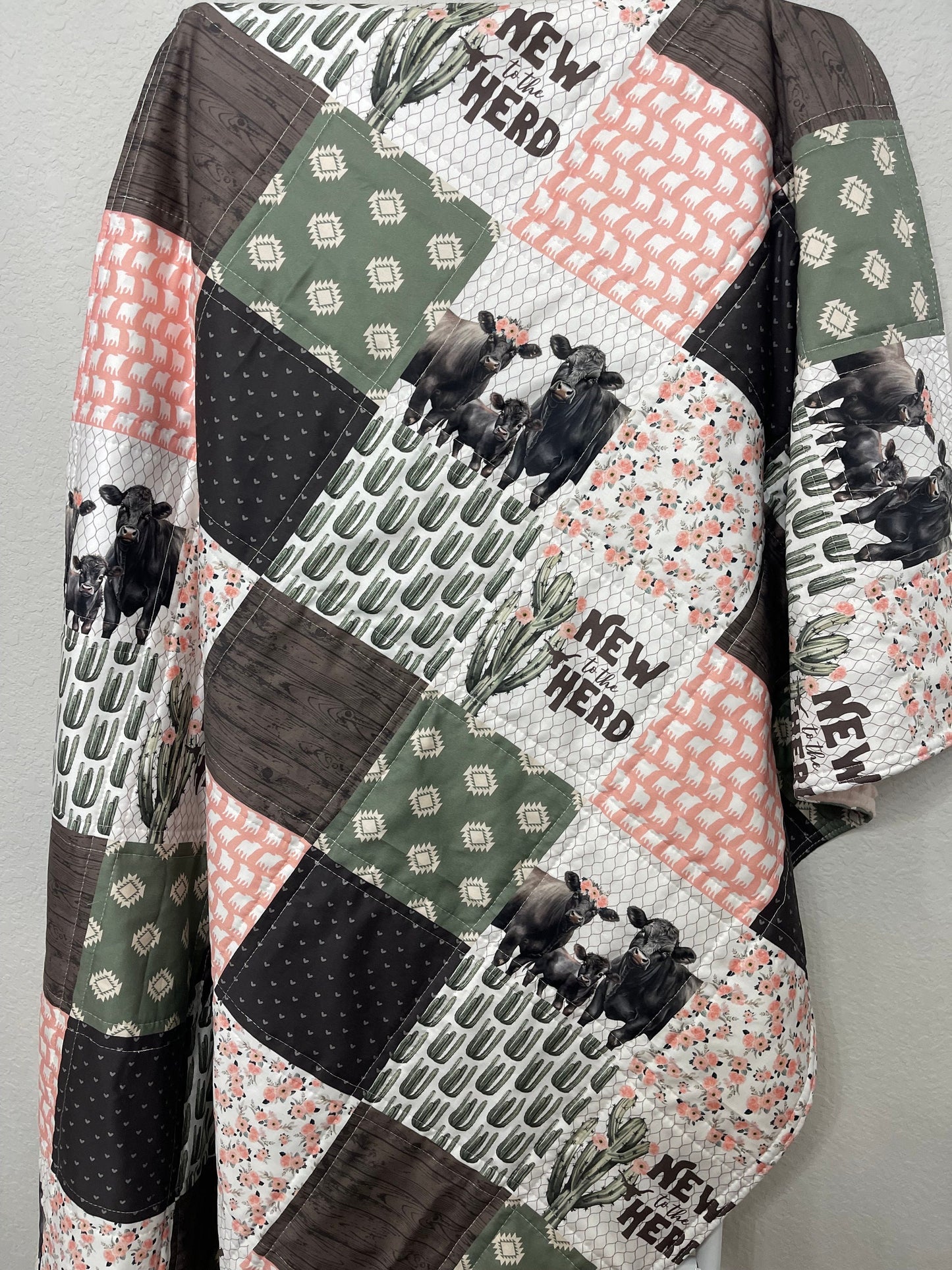 baby girl quilt, farm theme nursery, cow , barn, floral,  handmade baby blanket, baby shower gift, nursery decor, crib bedding