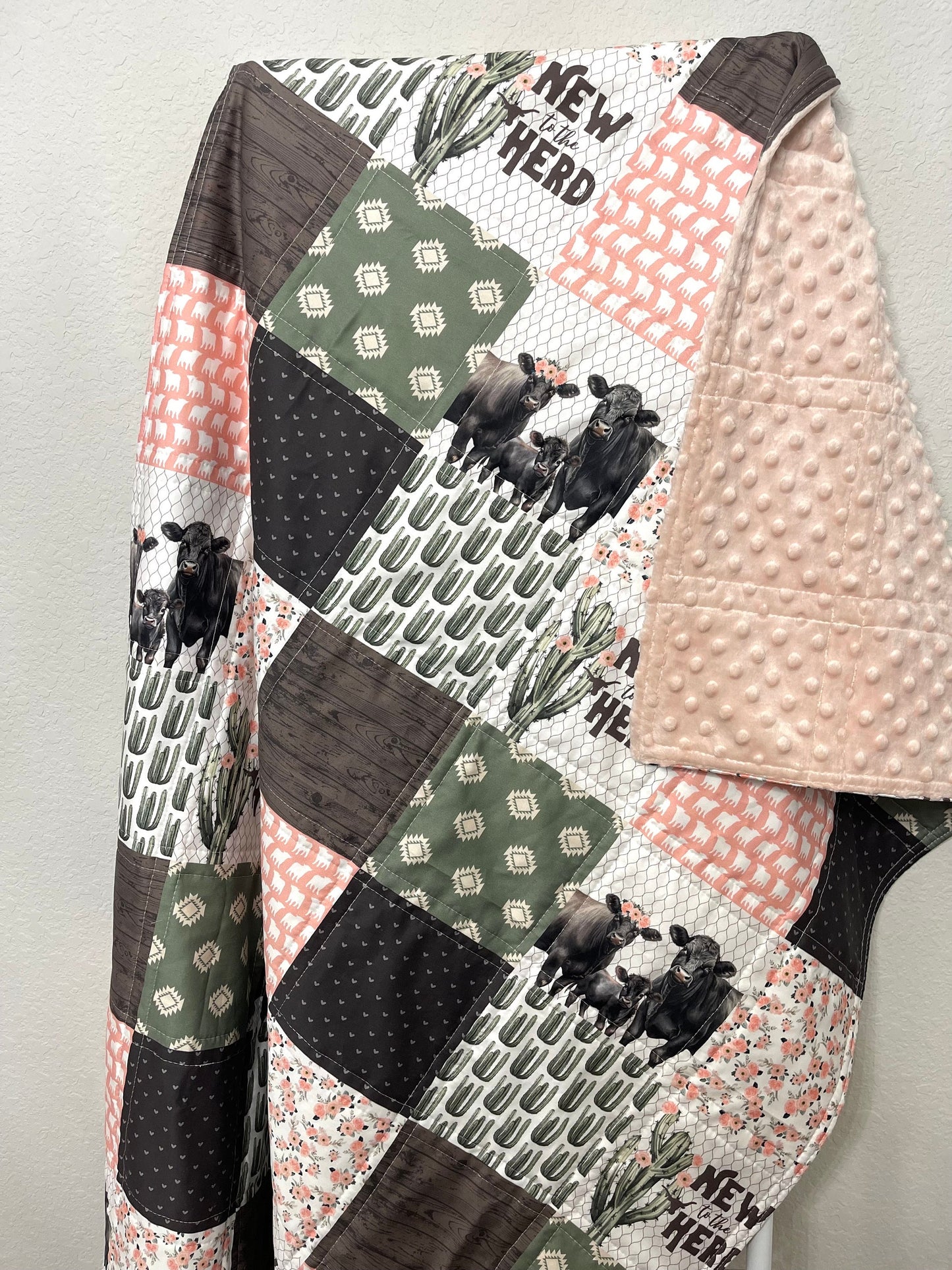 baby girl quilt, farm theme nursery, cow , barn, floral,  handmade baby blanket, baby shower gift, nursery decor, crib bedding