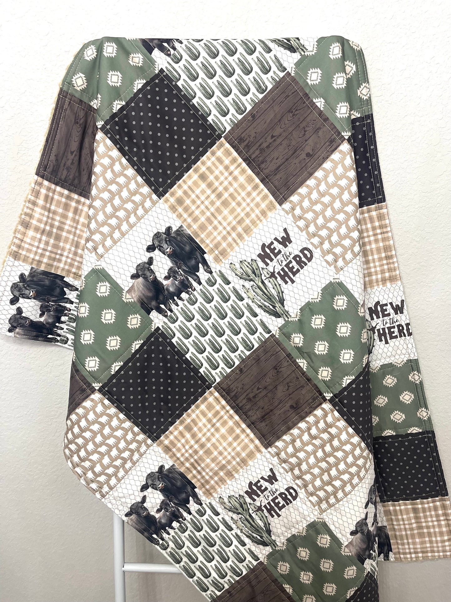 baby boy quilt, farm theme nursery, cow,  handmade baby blanket, baby shower gift, nursery decor, crib bedding