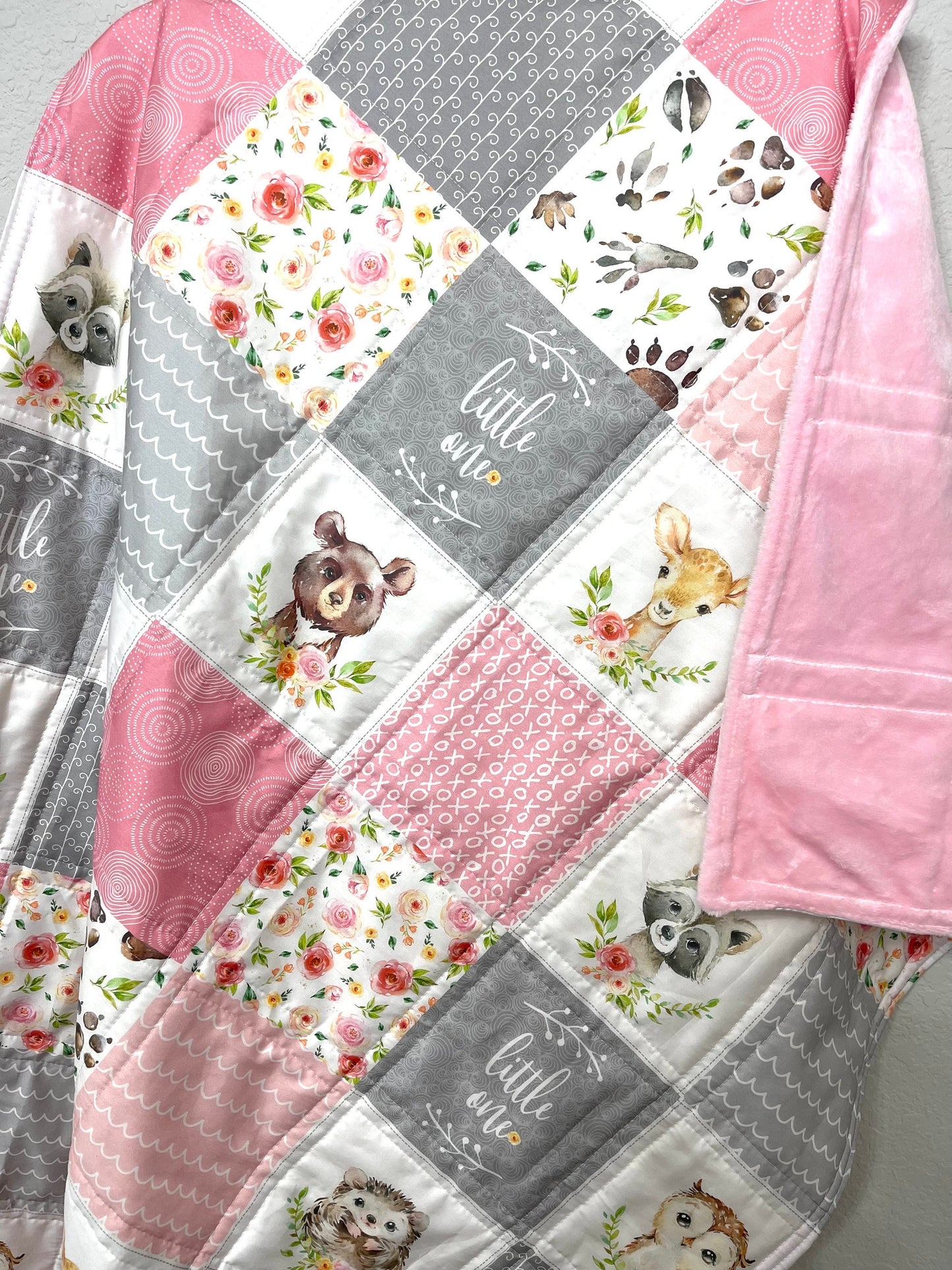 baby girl quilt, woodland quilt, woodland nursery,  handmade baby blanket, baby shower gift, nursery decor, crib bedding, handmade quilt